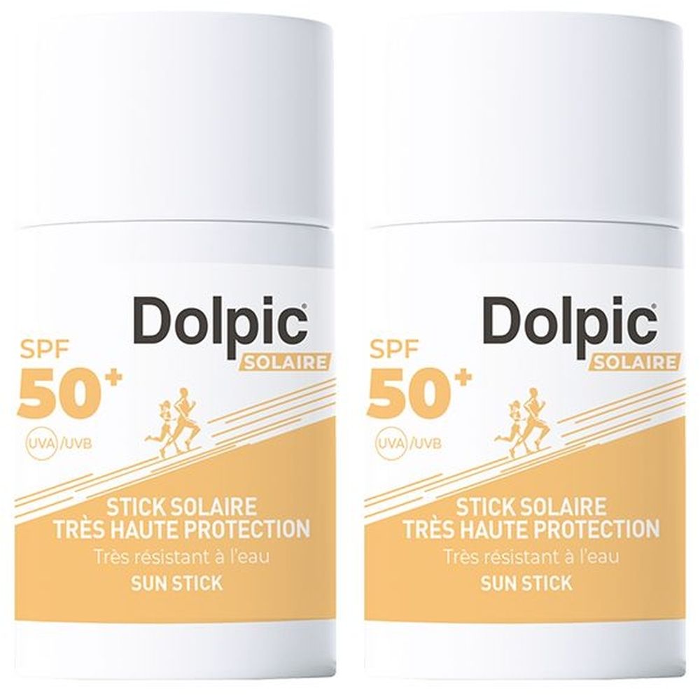 Twee witte zonnesticks met gele accenten. Opschrift: Dolpic Solaire, SPF 50+, Stick Solaire, Très Haute Protection, Sun Stick.