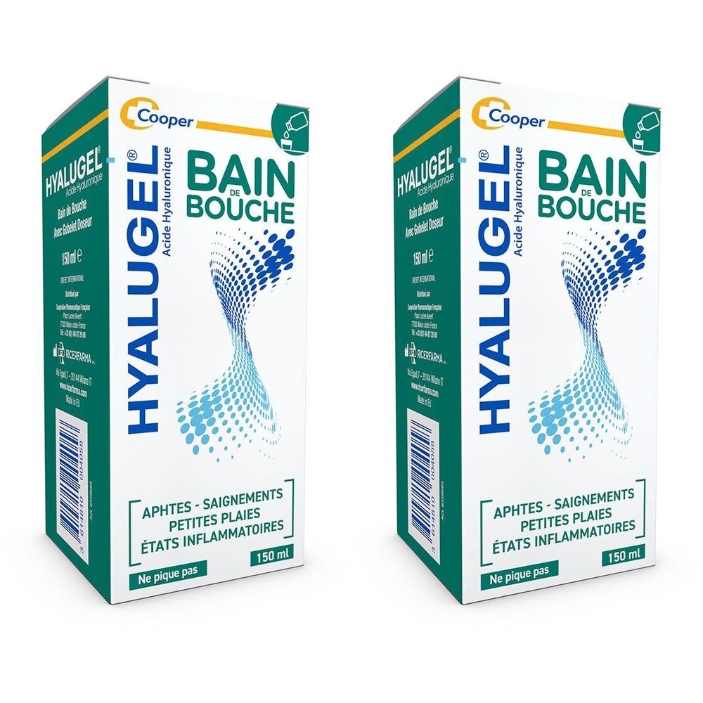Twee rechthoekige dozen. Opschrift: HYALUGEL, BAIN BOUCHE, aften, kleine wonden, ontstekingen. Merk Cooper.