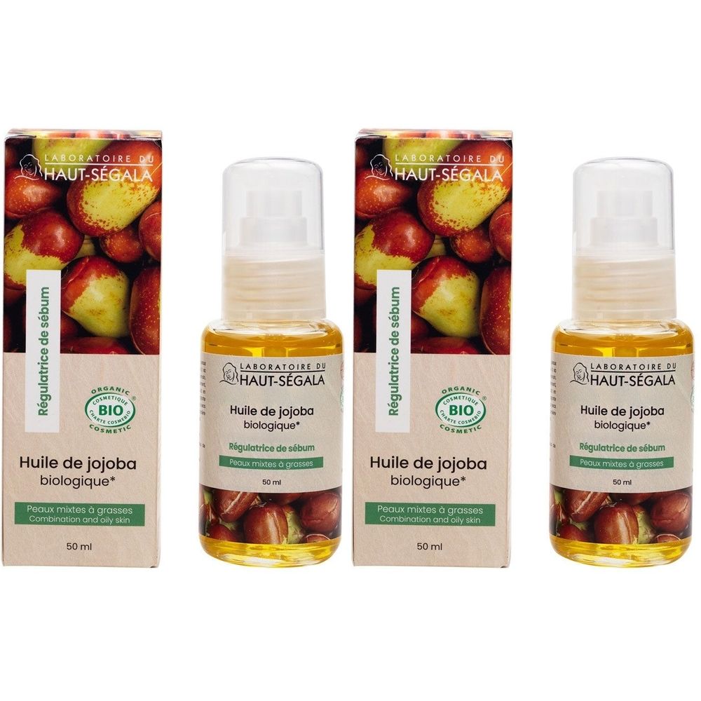Trois flacons HAUT-SEGALA HLE JOJOBA avec emballage carton. Inscription : « Huile de jojoba biologique » et « Régulatrice de sébum ».