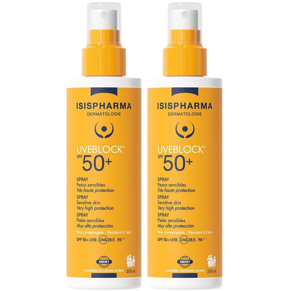 Deux flacons de spray solaire ISISPHARMA Uveblock SPF 50+. Flacons jaunes avec bouchon blanc et texte bleu. Texte: SPF 50+.