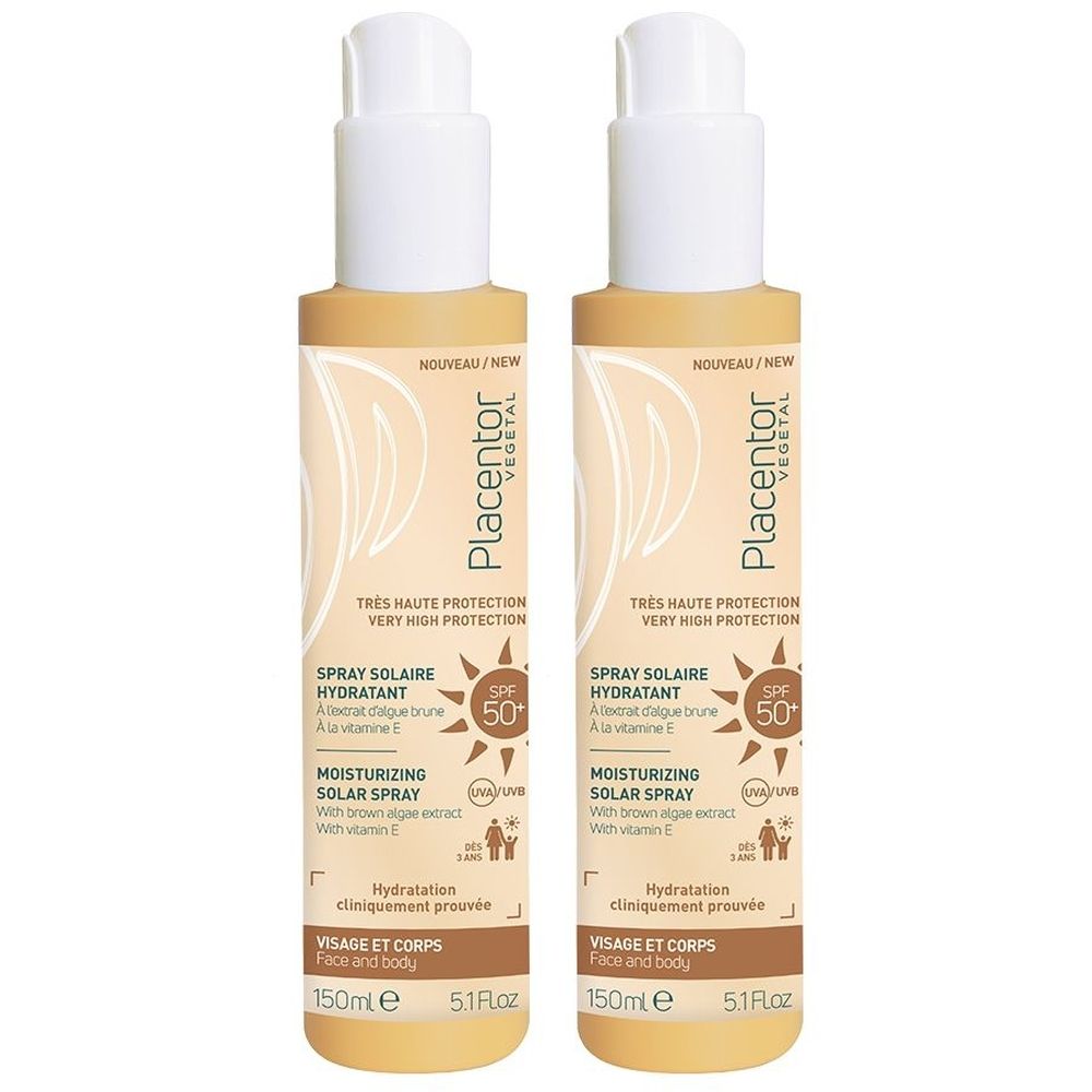 Twee PLACENTOR Vegetal zonnebrandspray SPF50+ flessen. Beige flessen met witte pomp. Tekst: Spray Solaire Hydratant, gezicht en lichaam.
