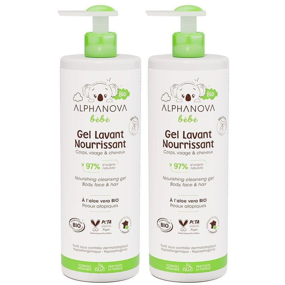 Twee flessen babywasgel met groene pompen. Opschrift: ALPHANOVA bébé, Gel Lavant Nourrissant, 97% van natuurlijke oorsprong.