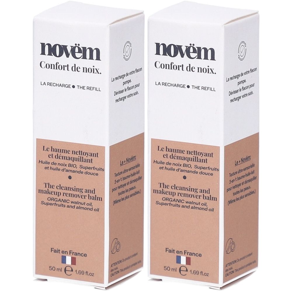 Deux boîtes rectangulaires. Inscription: NOVEM, Confort de noix, Le baume nettoyant et démaquillant. Drapeau français et 50 ml.