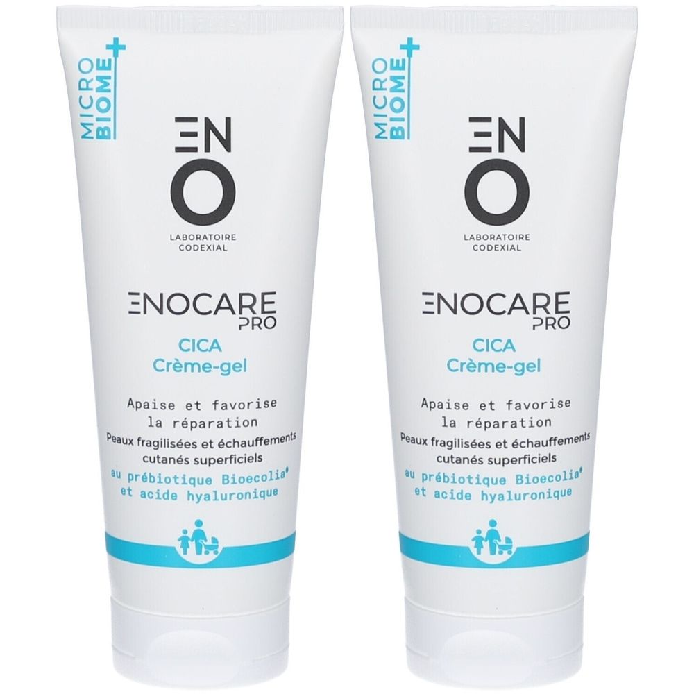 Twee witte tubes crème-gel. Blauwe tekst: ENO, ENOCARE PRO Cica Crème-gel. Franse tekst. Micro Biome logo.