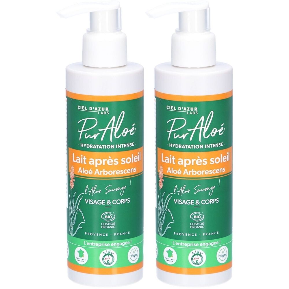 Twee flessen CIEL D'AZUR PurAloé Lait Après Soleil. Witte pompen op groene en witte flessen. Tekst: PurAloé, Lait après soleil, Visage & Corps.