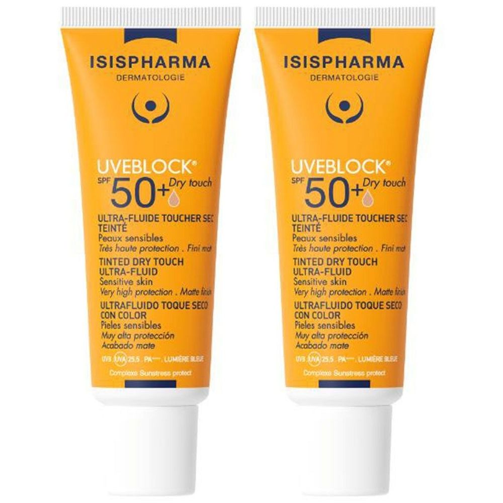 Twee tubes Uveblock SPF 50+ Dry Touch. Oranje tubes met witte dop. Tekst: Uveblock SPF 50+.