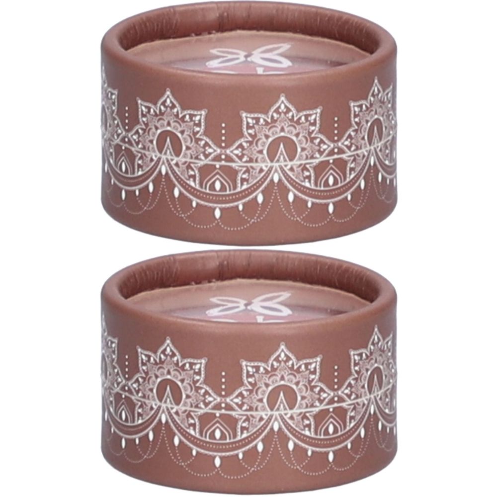 Twee ronde containers met deksels. Bruine kleur met wit kantpatroon. Bovenop is een logo te zien.