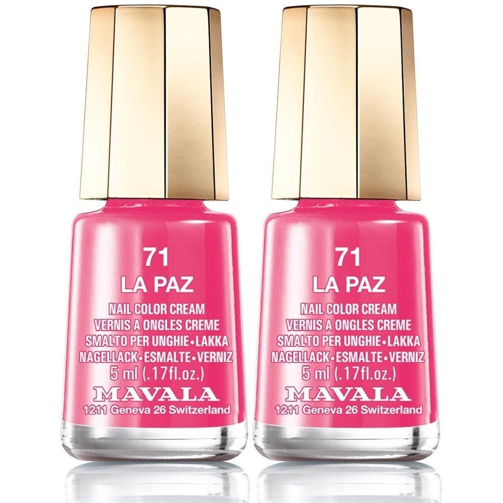 Twee roze nagellakflesjes met gouden doppen. Opschrift: 71 LA PAZ, MAVALA. 5 ml.