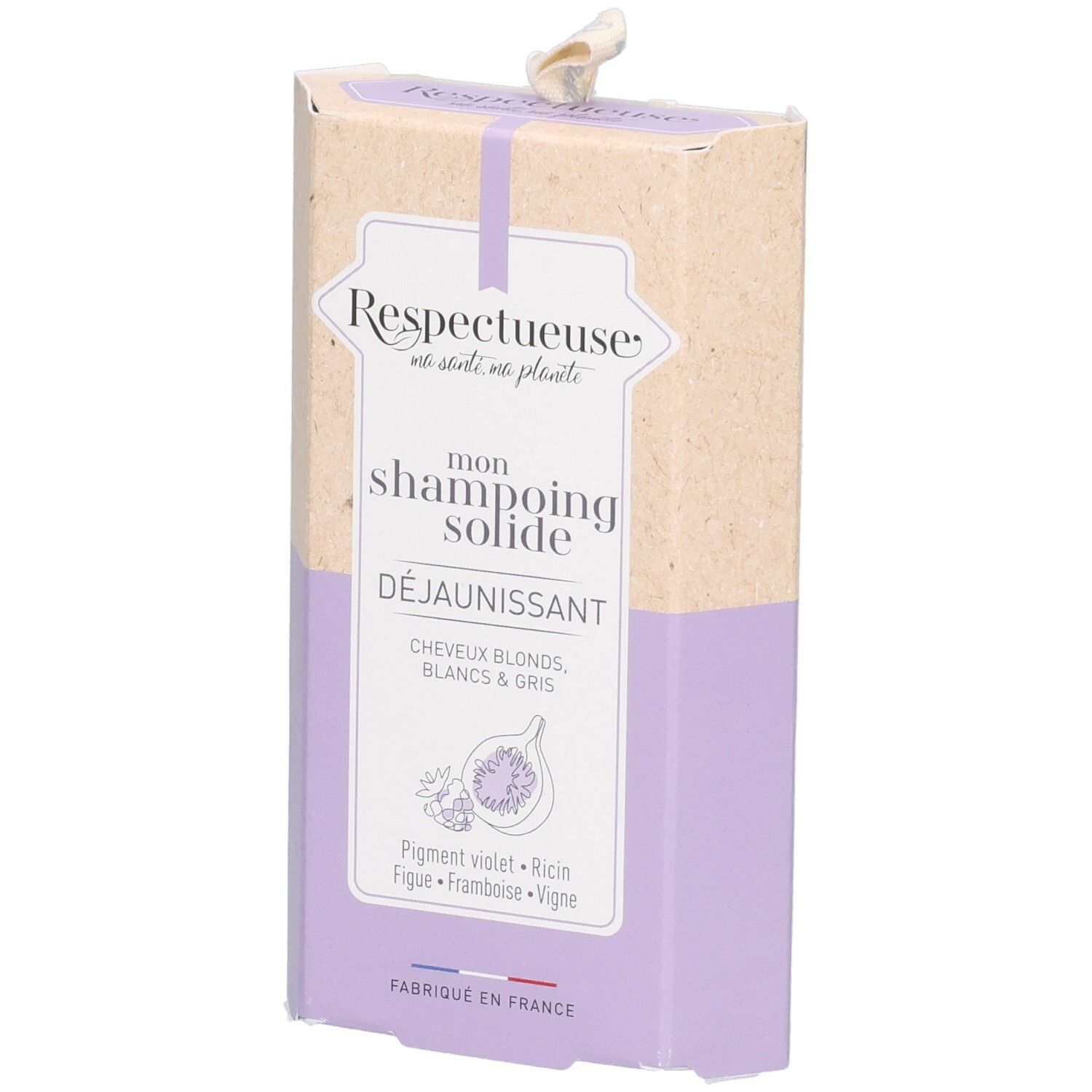 Emballage de shampoing solide avec un design violet et naturel. Comprend des illustrations de figues et de baies.