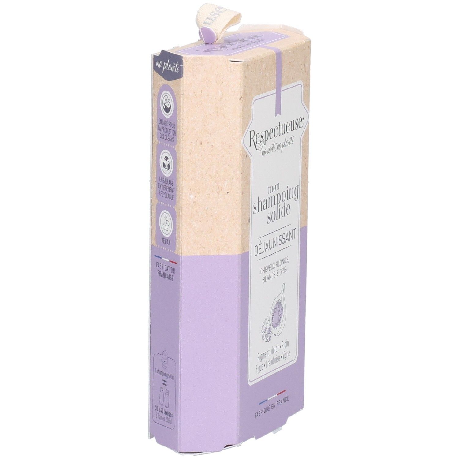 Emballage de shampoing solide, hexagonal, design violet et beige. Contient des informations produit et des sceaux.