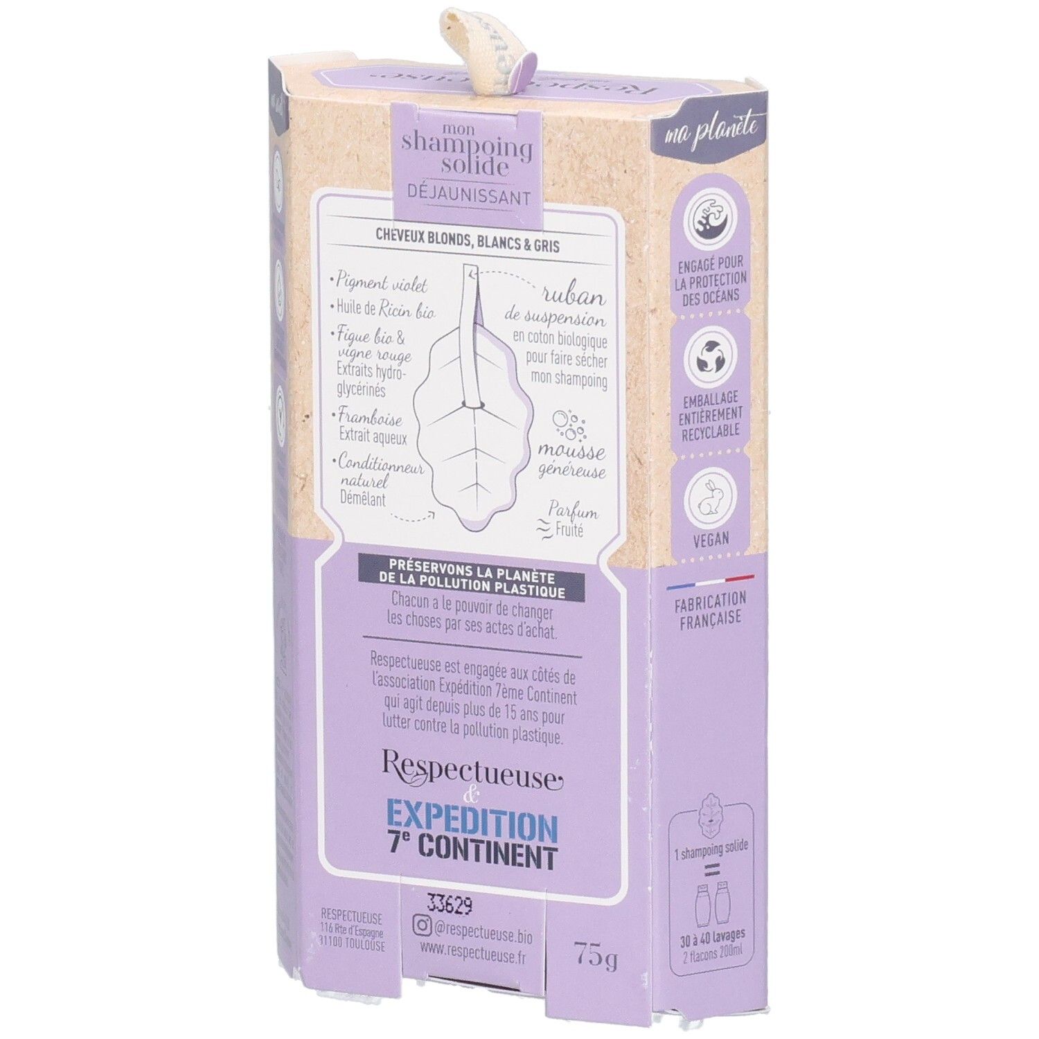 Emballage d'un shampoing solide déjaunissant pour cheveux blonds, blancs et gris. 75g.