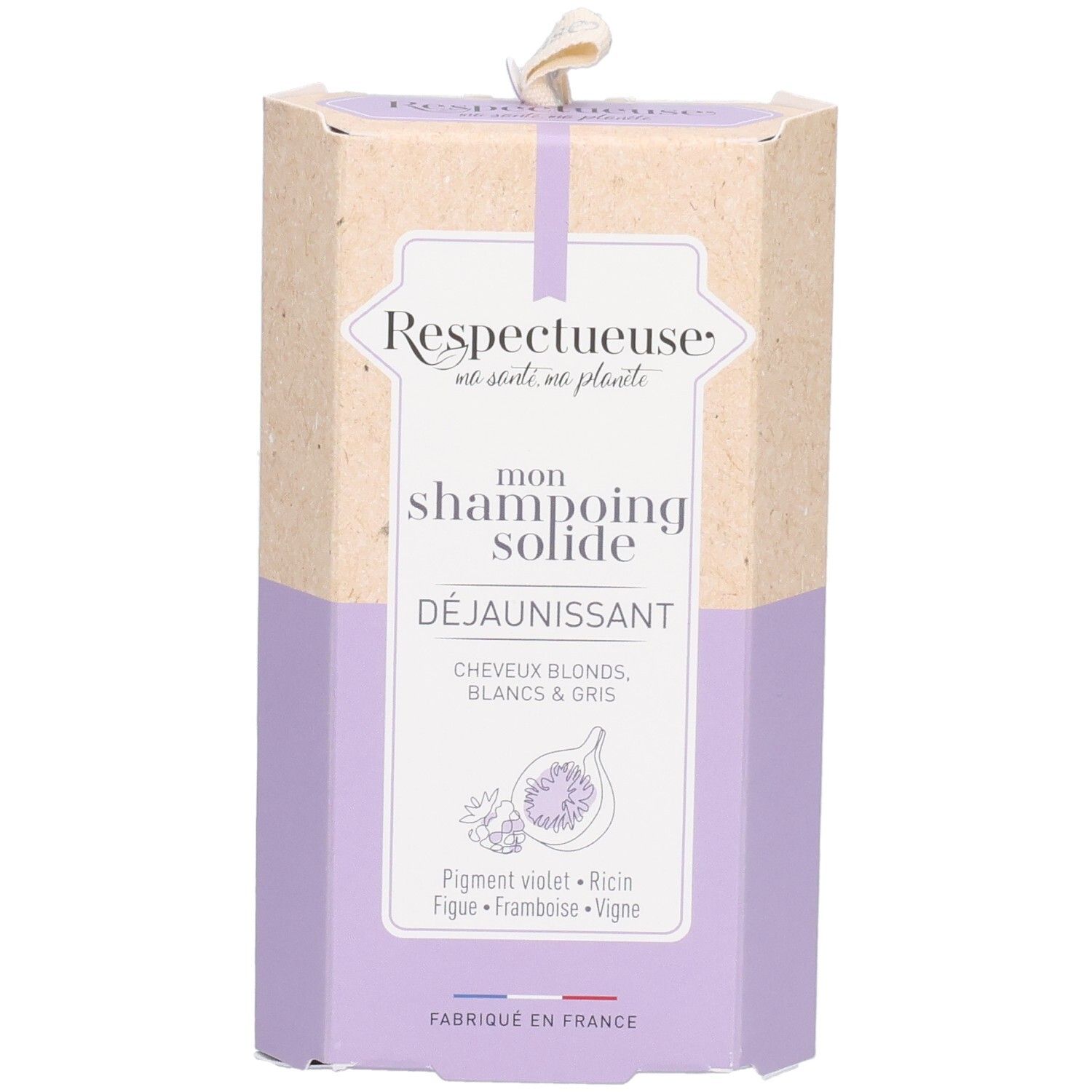 Emballage de shampoing solide, violet et beige, avec inscription 'mon shampoing solide'.