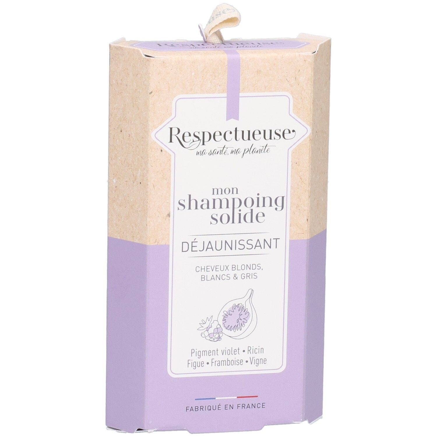 Emballage de shampoing solide violet et beige. Illustré de figues et de baies.