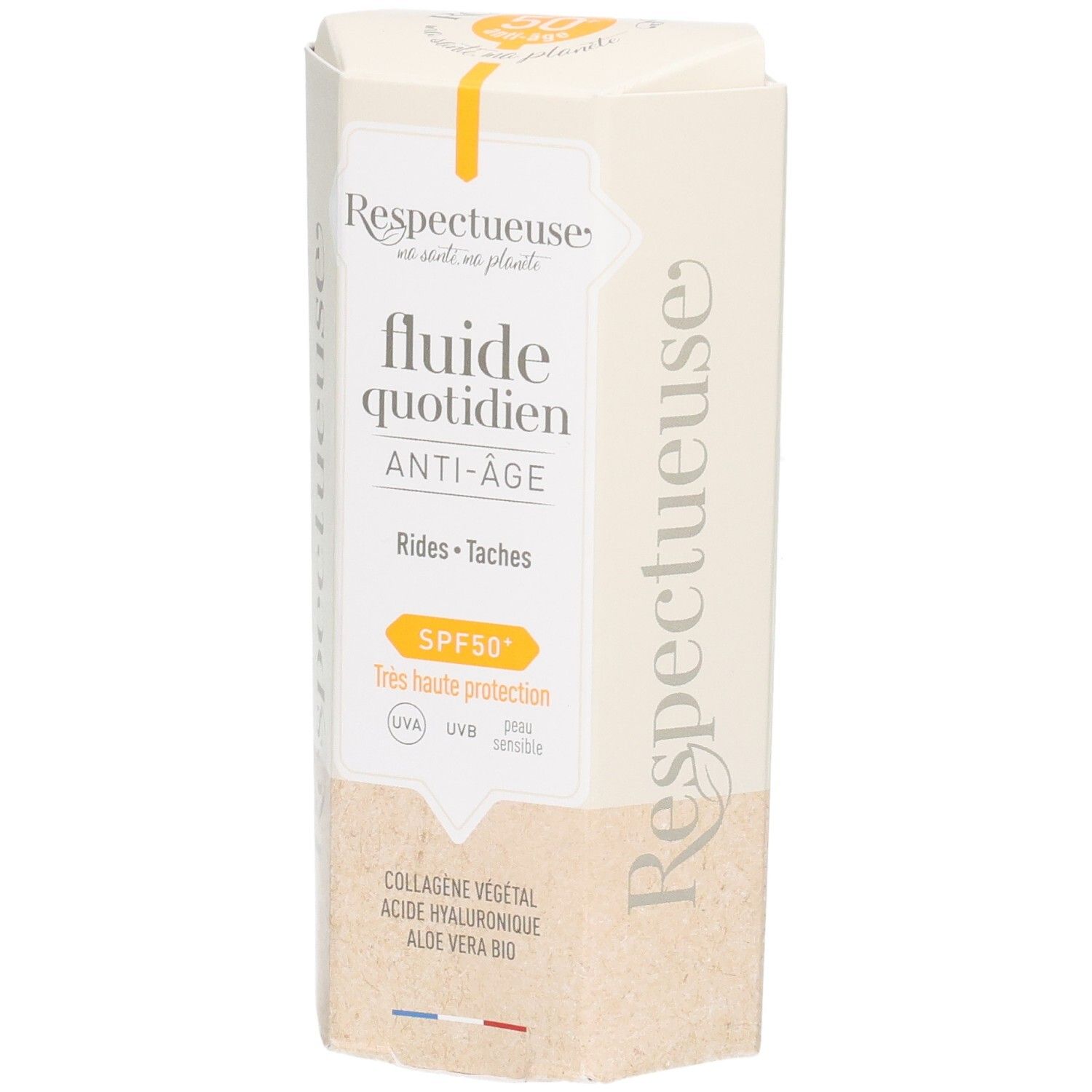 Emballage de protection visage. Texte: Fluide quotidien Anti-Âge, SPF50+. Marque: Respectueuse.