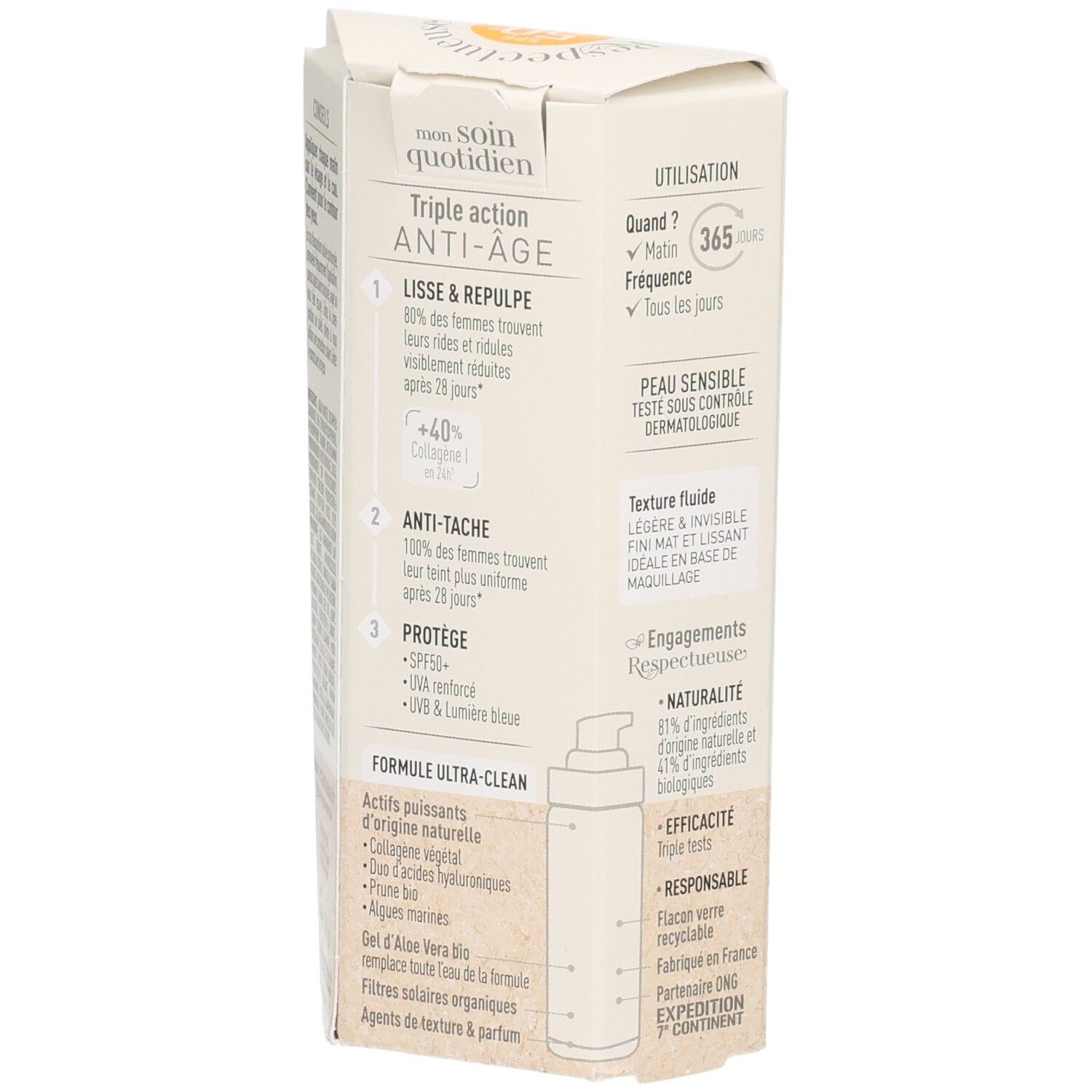 Emballage de protection visage. Texte: Triple action Anti-Âge. Informations sur l'utilisation et les ingrédients.
