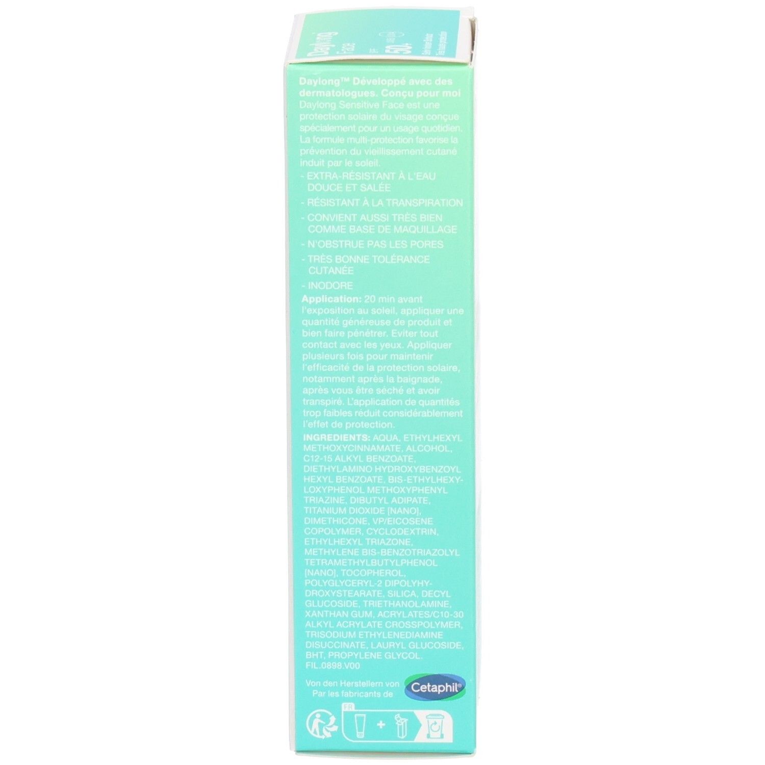 Emballage étroit du produit. Blanc, turquoise. Inscription : Daylong Face. Texte en allemand et français. Ingrédients.