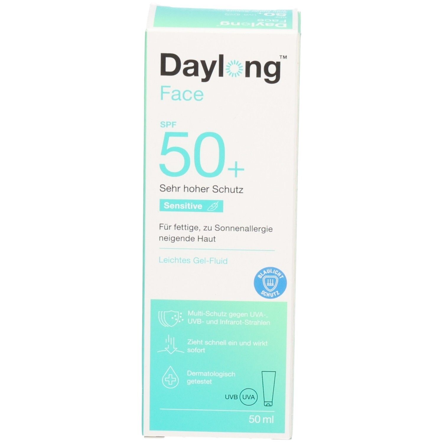 Emballage du produit. Blanc, turquoise. Inscription : Daylong Face SPF 50+. Texte en allemand. 50 ml. Testé dermatologiquement.