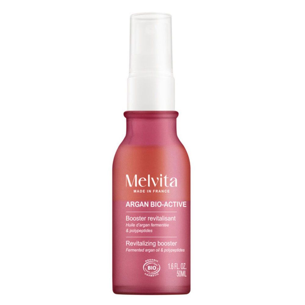 Rode fles met verstuiver. Opschrift: Melvita Argan Bio-Active. Made in France. Bio-keurmerk.