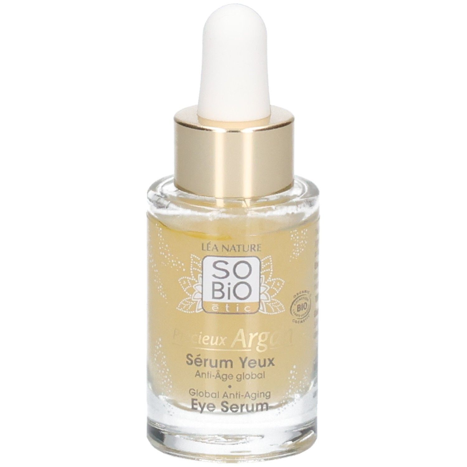 Glazen fles met gouden dop en pipet. Opschrift: Sérum Yeux Anti-Âge global. Bio-certificering.