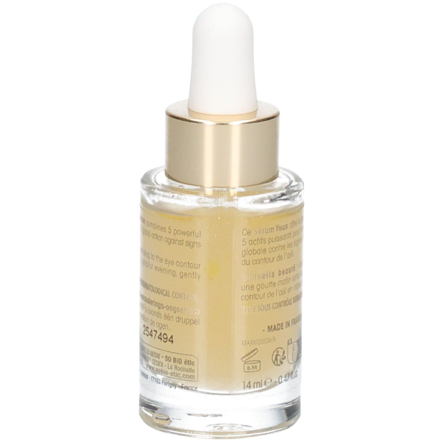 Achterkant van de glazen fles met tekst. Opschrift: 5 actieve stoffen. Volume: 14 ml. Gemaakt in Frankrijk.