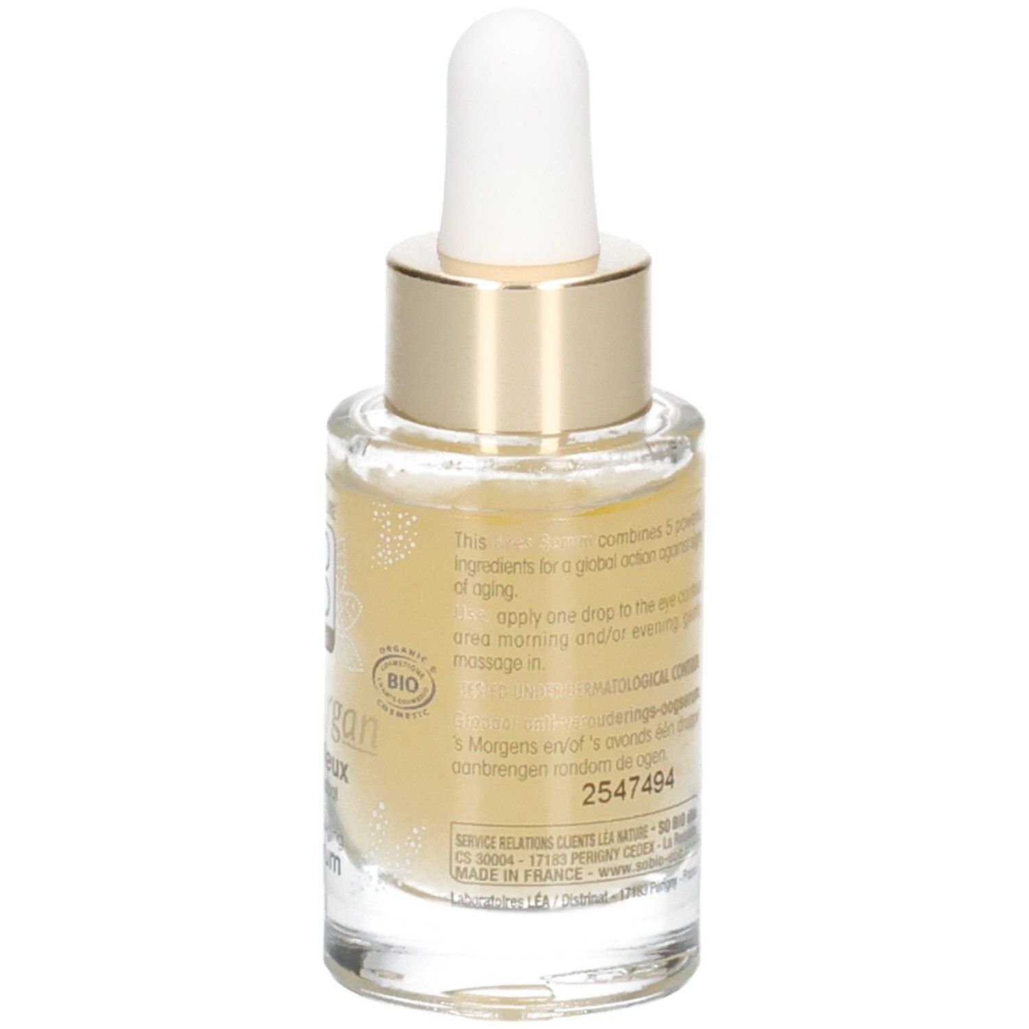 Achterkant van de glazen fles met tekst. Opschrift: 5 actieve stoffen. Bio-certificering. Volume: 14 ml.