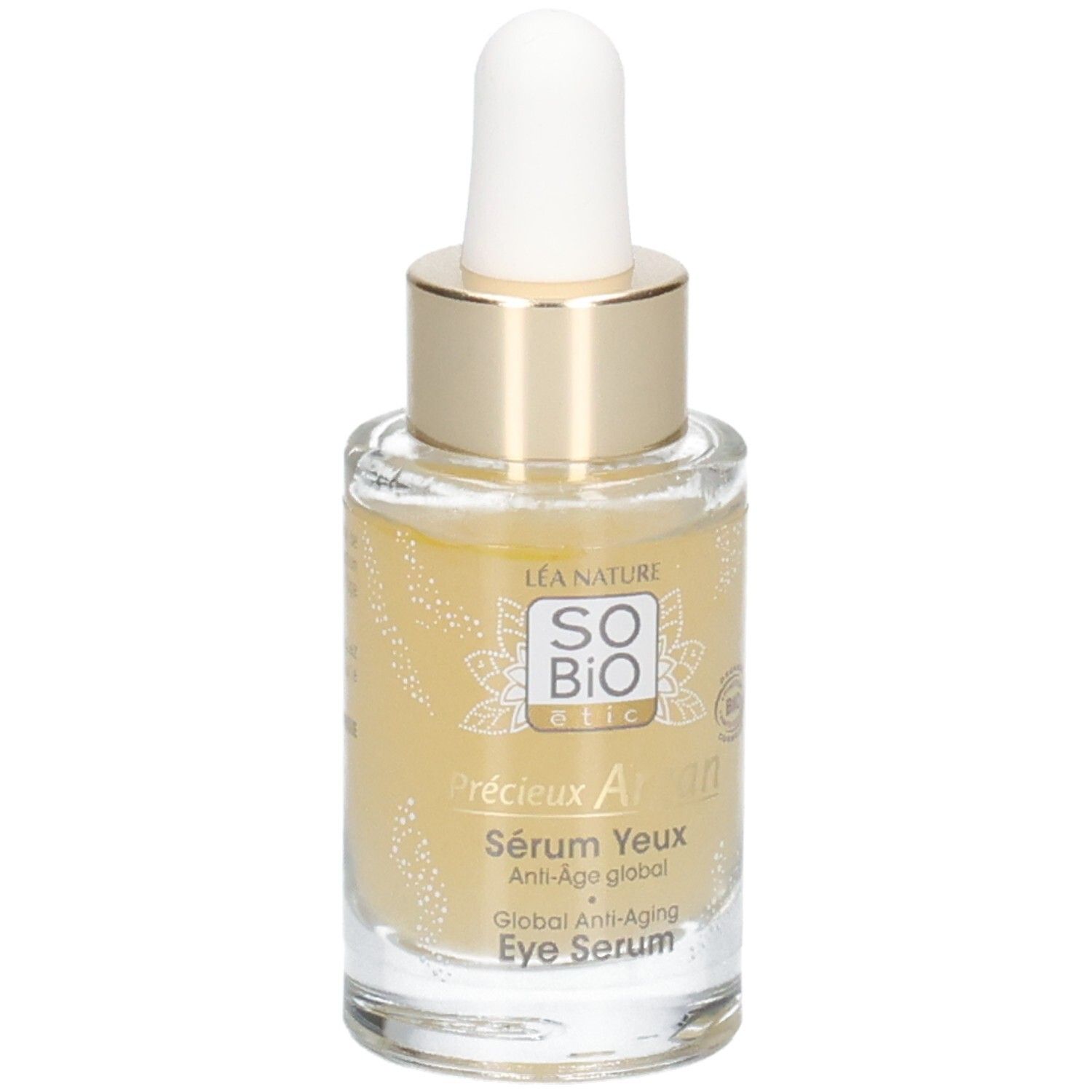 Glazen fles met gouden dop en pipet. Opschrift: Sérum Yeux Anti-Âge global. Bio-certificering.