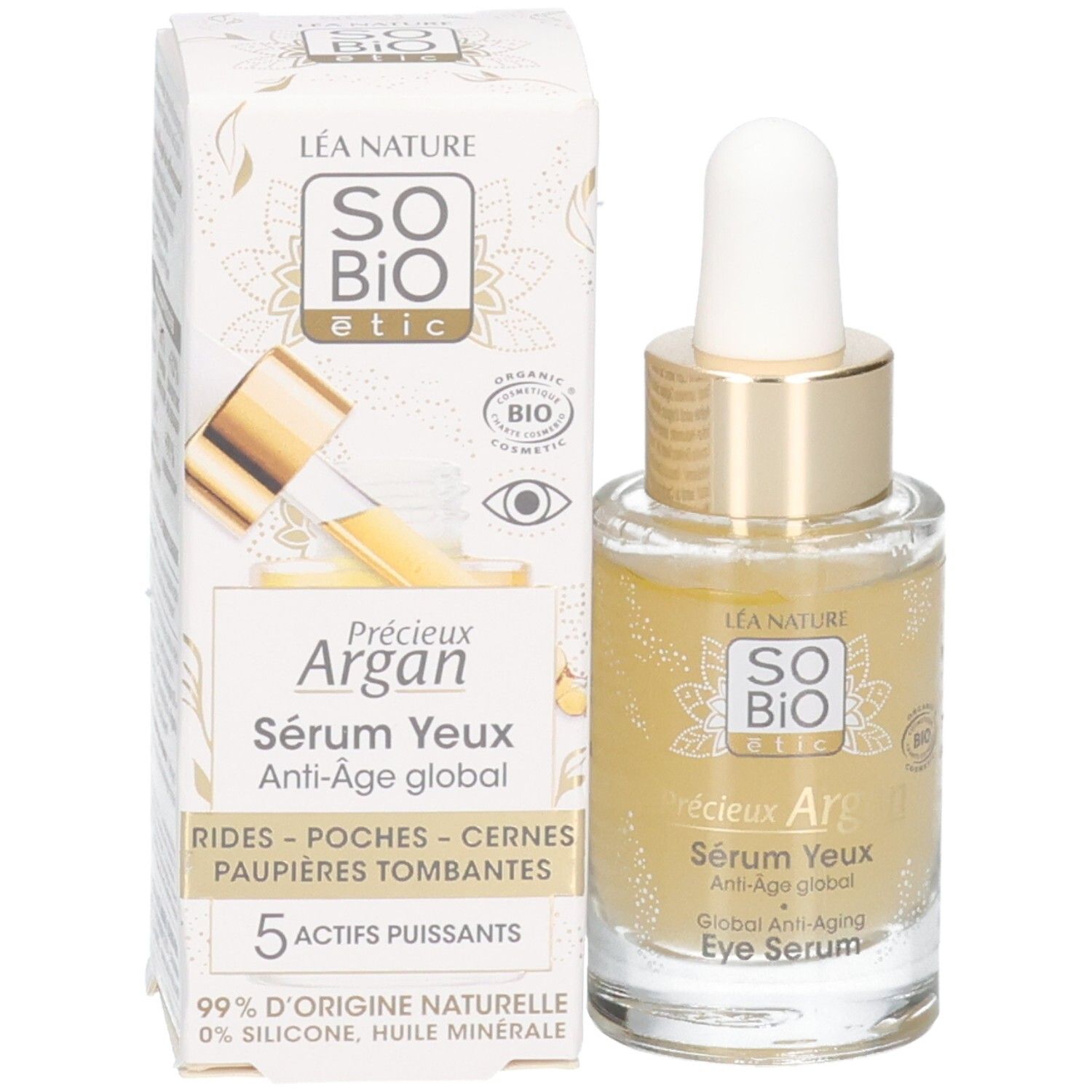 Verpakking en fles. Opschrift: Sérum Yeux Anti-Âge global. 5 actieve stoffen. Bio-certificering.