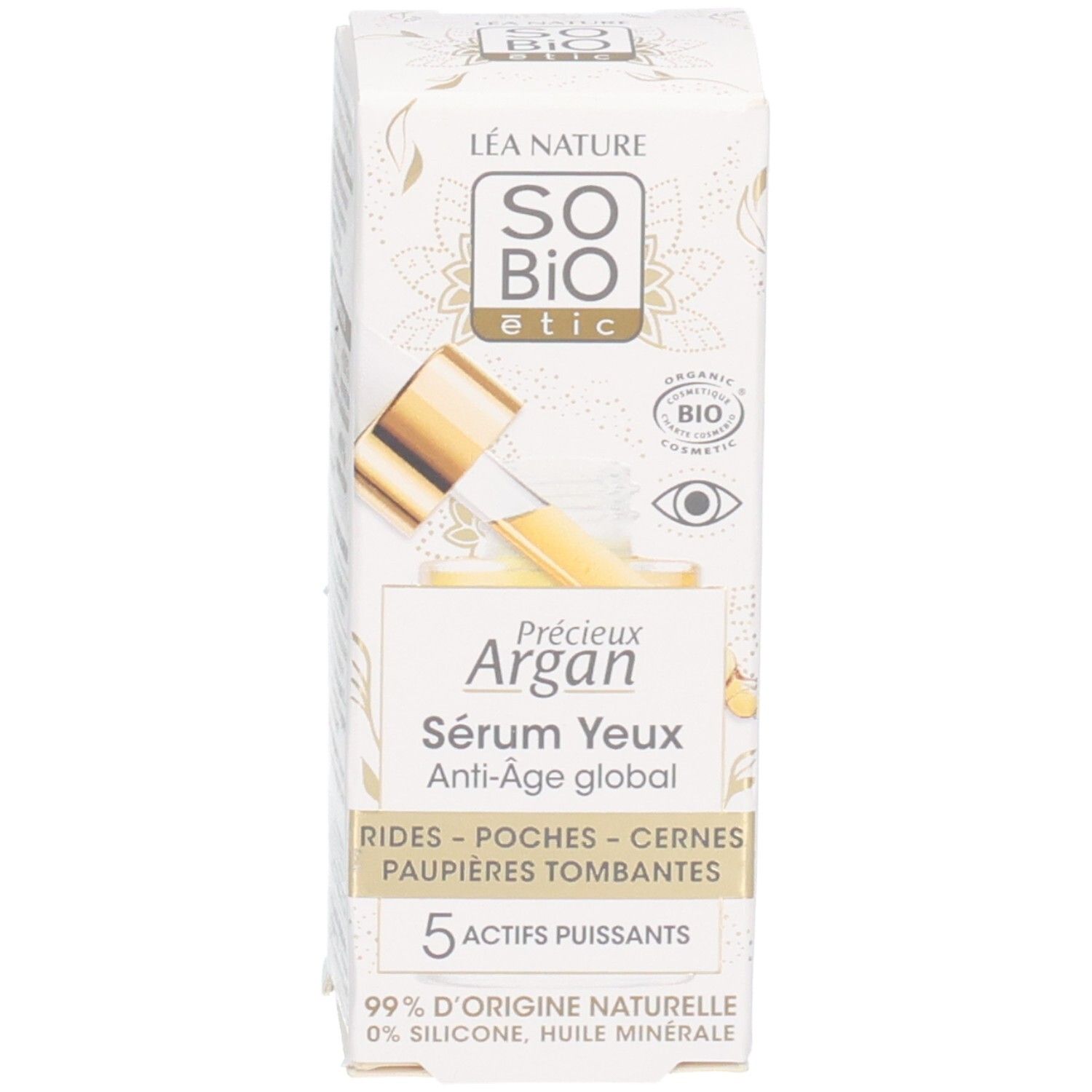 Productverpakking. Opschrift: Sérum Yeux Anti-Âge global. 5 actieve stoffen. 99% van natuurlijke oorsprong.
