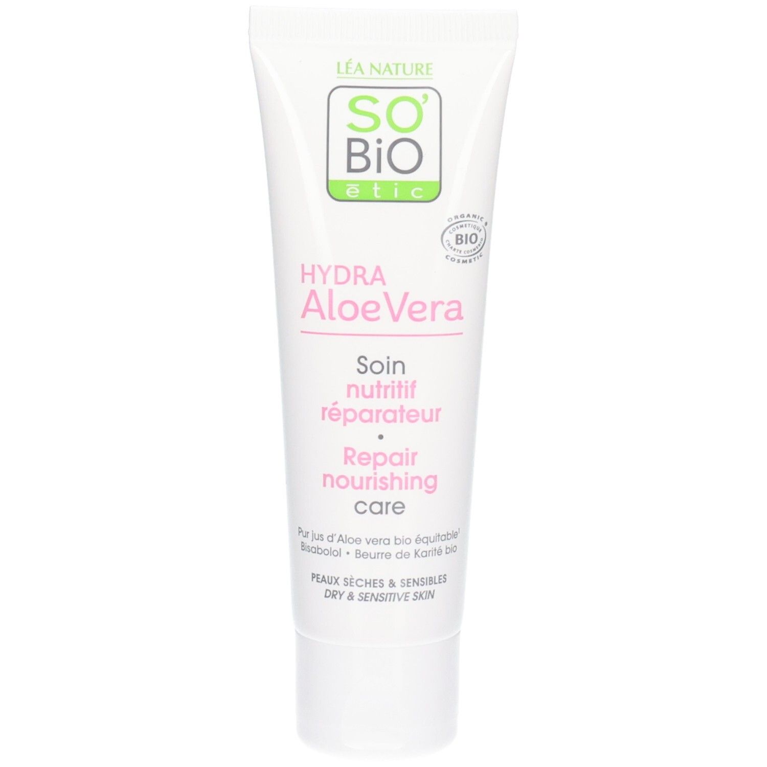 Witte tube So Bio Etic Hydra Aloe Vera. Tekst: Soin nutritif réparateur, Droge & gevoelige huid. Bio-keurmerk.