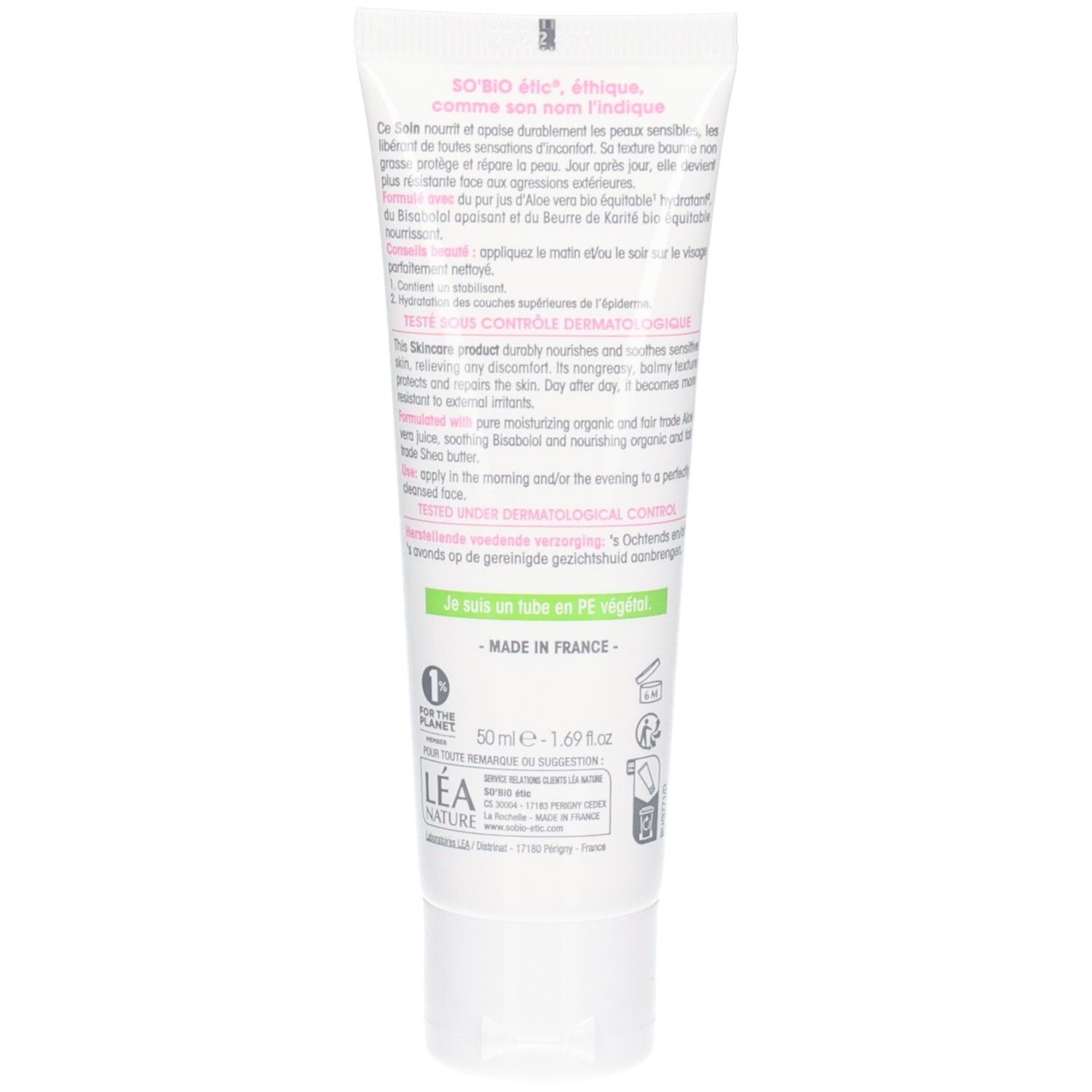 Achterkant tube So Bio Etic Hydra Aloe Vera. Tekst: Ingrediënten, gebruiksaanwijzing, dermatologisch getest. Gemaakt in Frankrijk.