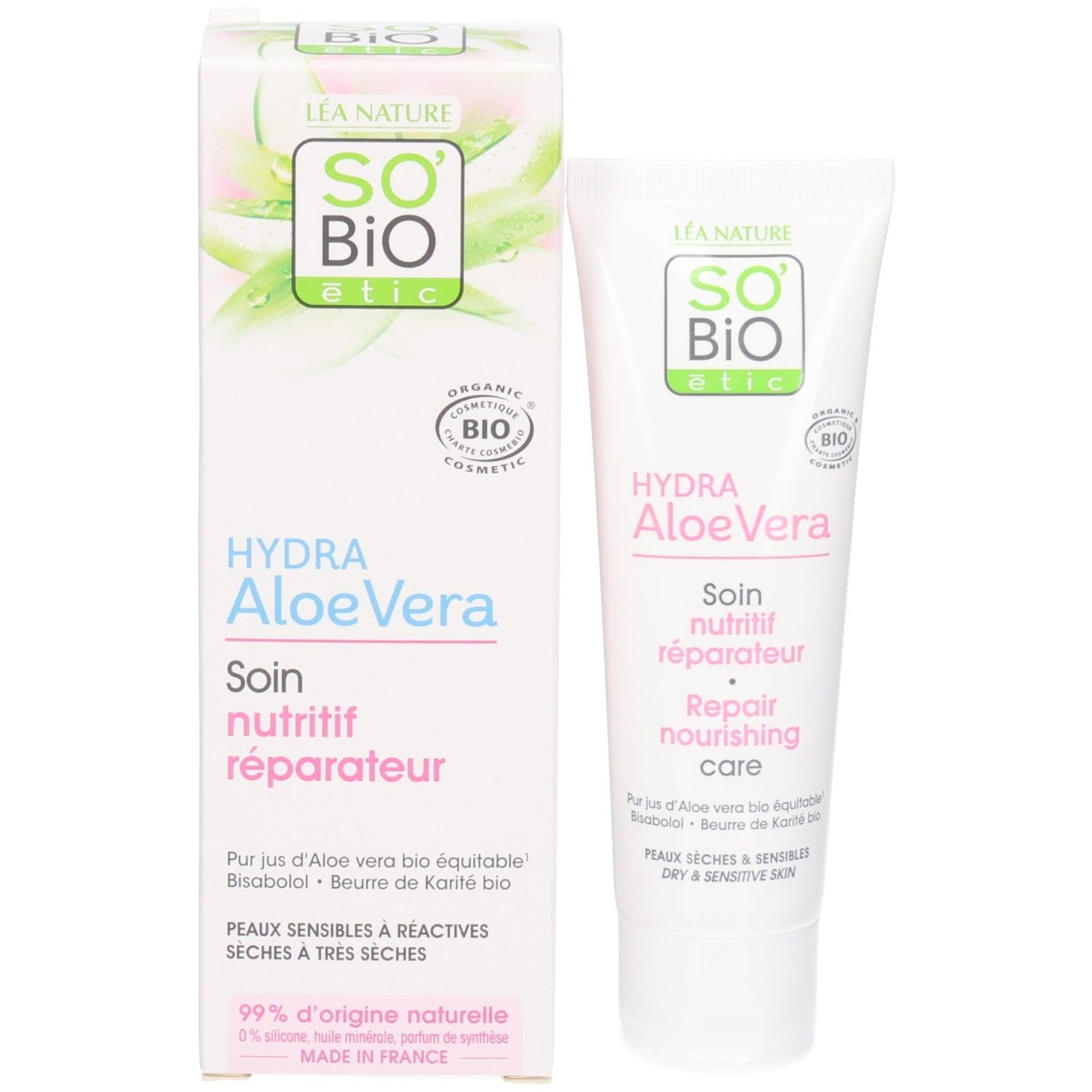 Product So Bio Etic Hydra Aloe Vera met verpakking. Tube en doos. Tekst: Hydra Aloe Vera, Soin nutritif réparateur. Bio-keurmerk.