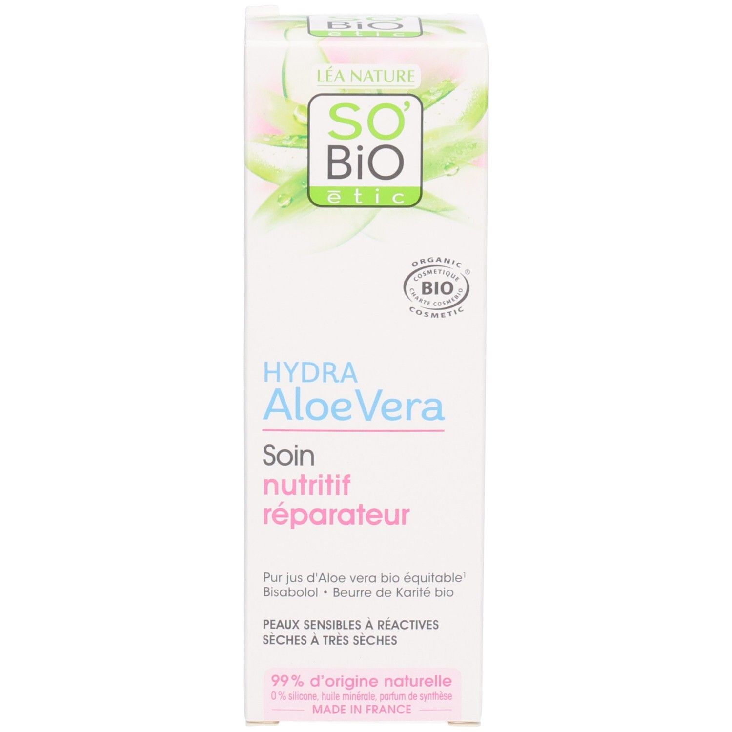 Verpakking So Bio Etic Hydra Aloe Vera. Tekst: Hydra Aloe Vera, Soin nutritif réparateur, Gevoelige tot zeer droge huid. Bio-keurmerk.