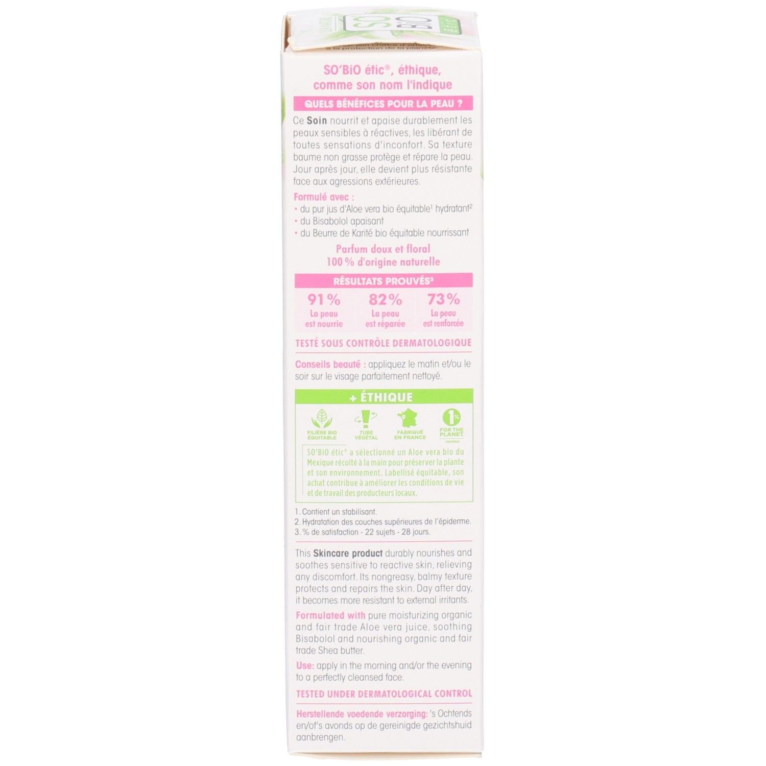 Zijkant verpakking So Bio Etic Hydra Aloe Vera. Tekst: Voordelen, gebruik, dermatologisch getest, 91% tevredenheid. Bio-keurmerk.