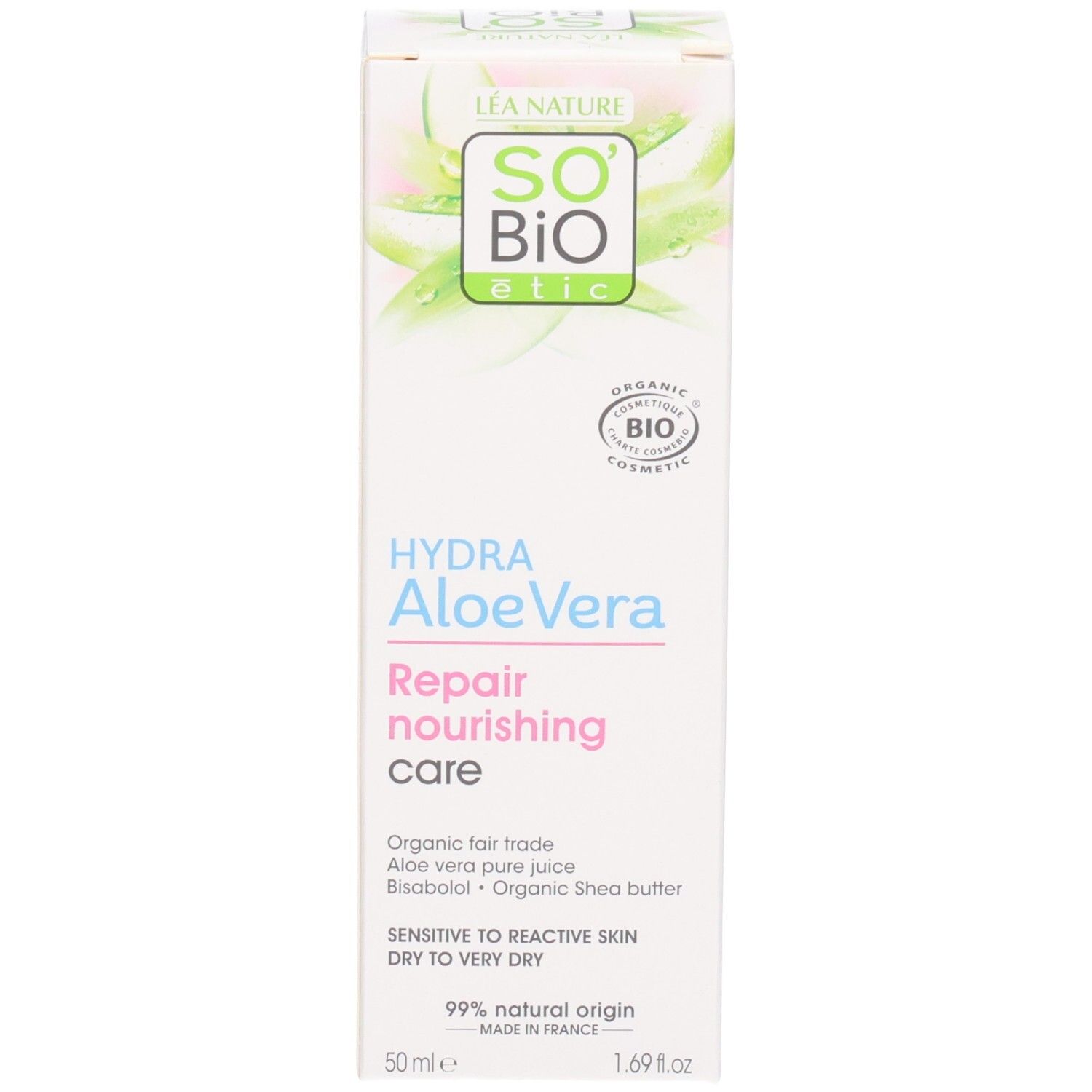 Voorkant verpakking So Bio Etic Hydra Aloe Vera. Tekst: Hydra Aloe Vera, Repair nourishing care, 99% natuurlijk. Bio-keurmerk.