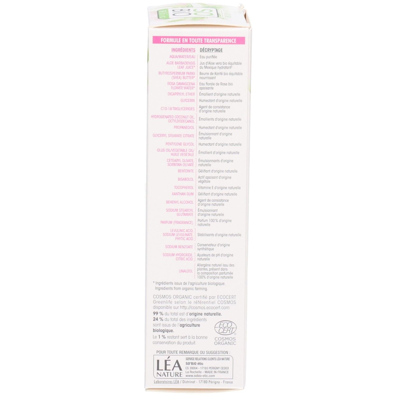 Achterkant verpakking So Bio Etic Hydra Aloe Vera. Tekst: Ingrediënten, certificeringen, fabrikantinfo. Bio-keurmerk.