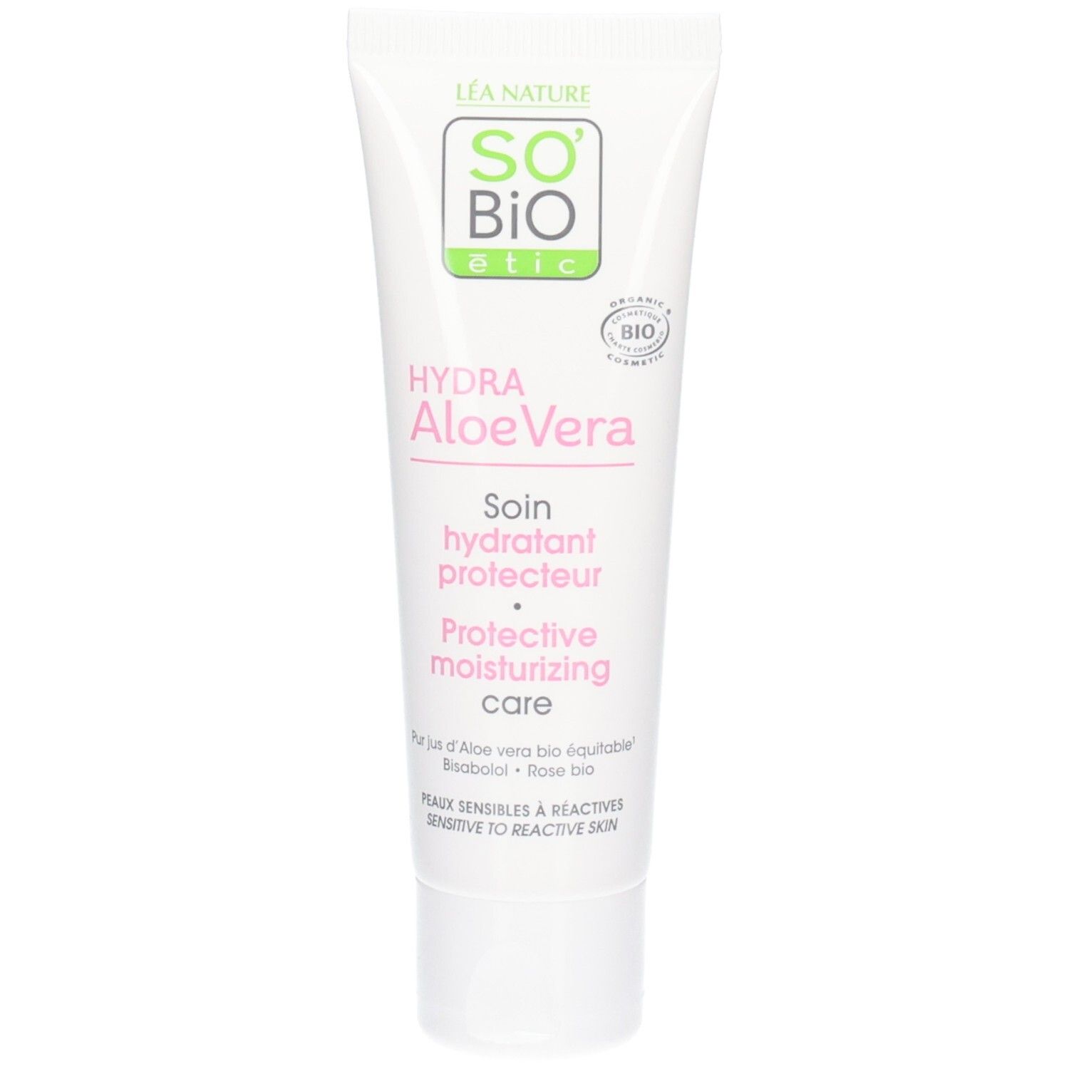 Witte tube So Bio Etic Hydra Aloe Vera. Soin hydratant protecteur. Bio-certificering. Franse tekst.