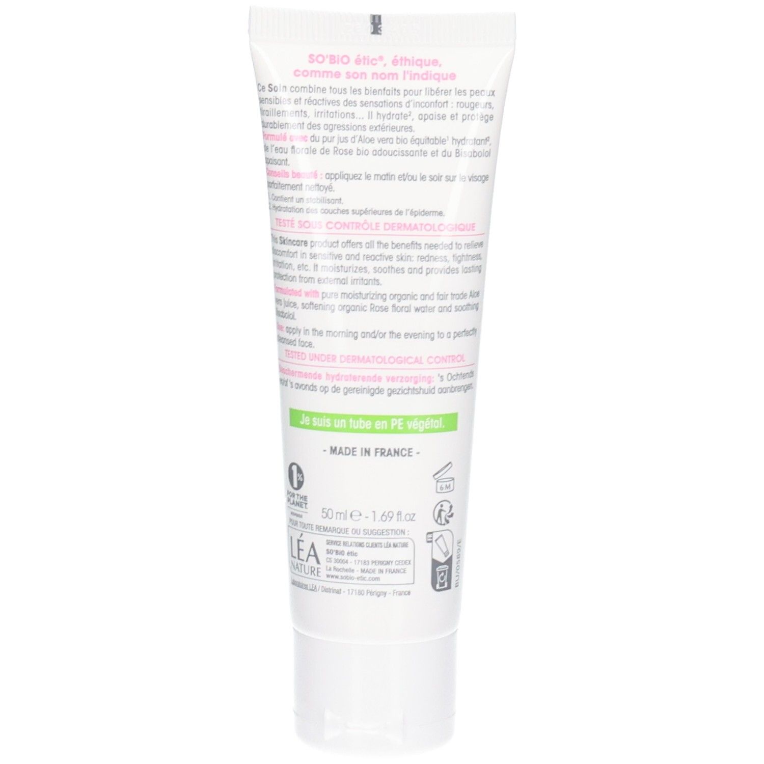 Achterkant tube So Bio Etic Hydra Aloe Vera. Franse tekst. PE-recyclingsymbool.