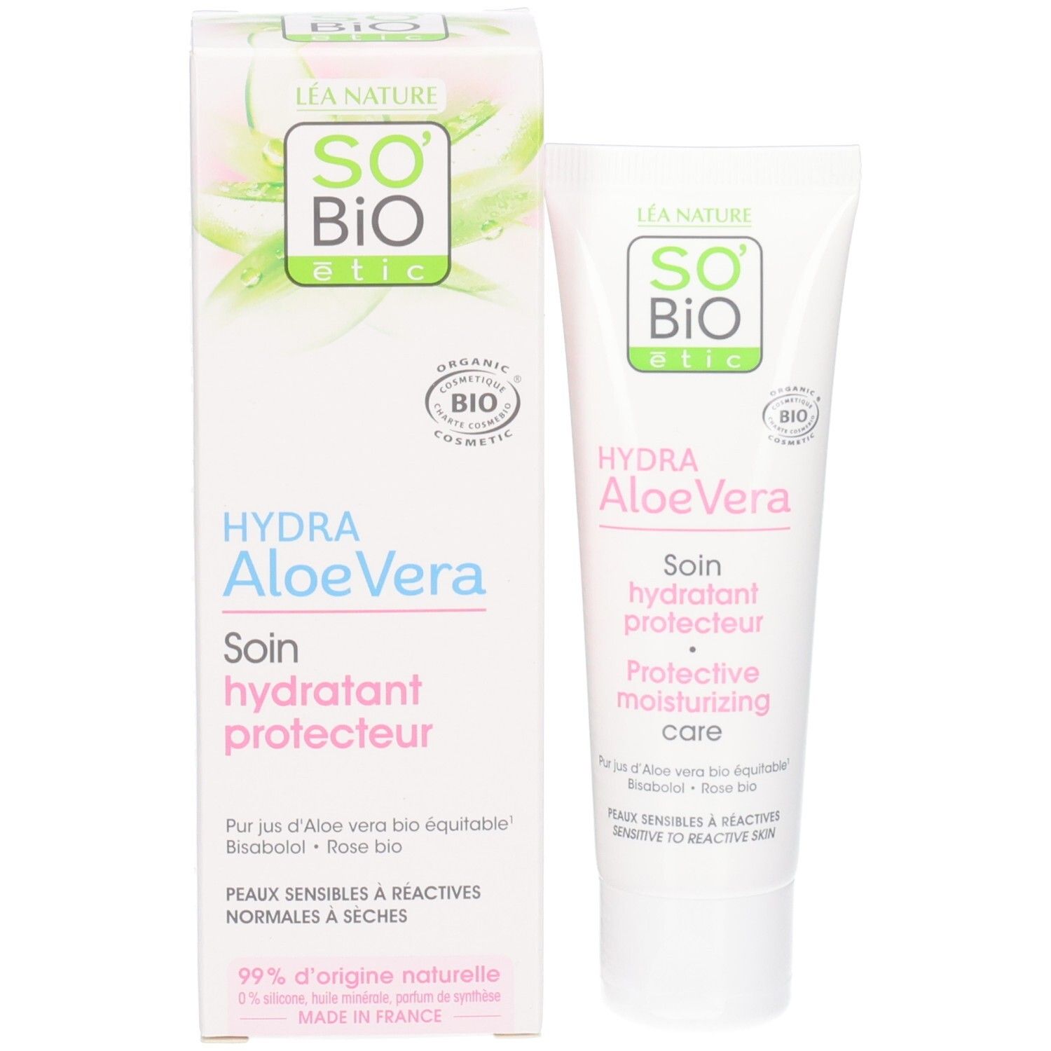 Verpakking en tube So Bio Etic Hydra Aloe Vera. Tekst: Hydra Aloe Vera, Soin hydratant protecteur.