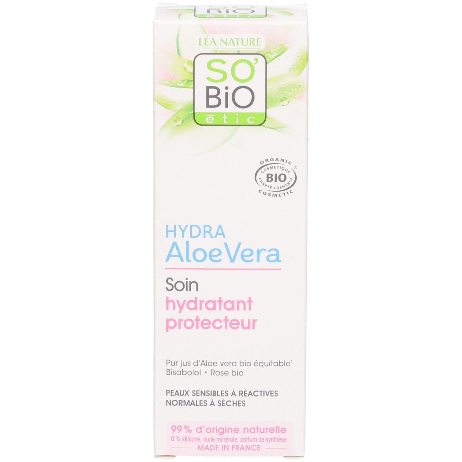 Verpakking So Bio Etic Hydra Aloe Vera. Tekst: Hydra Aloe Vera, Soin hydratant protecteur. Bio-certificering.