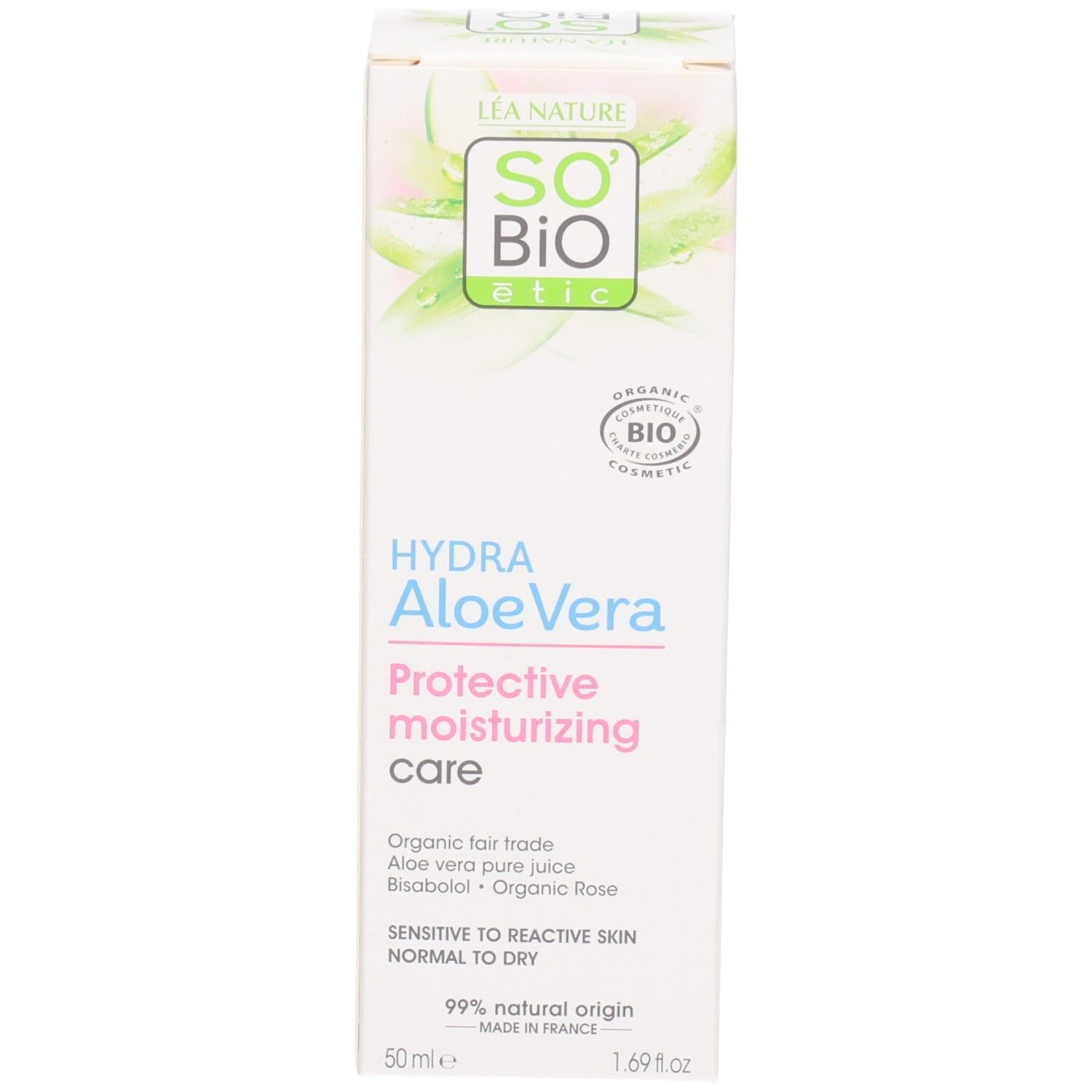 Verpakking So Bio Etic Hydra Aloe Vera. Tekst: Protective moisturizing care. 50ml, 1.69 fl oz.