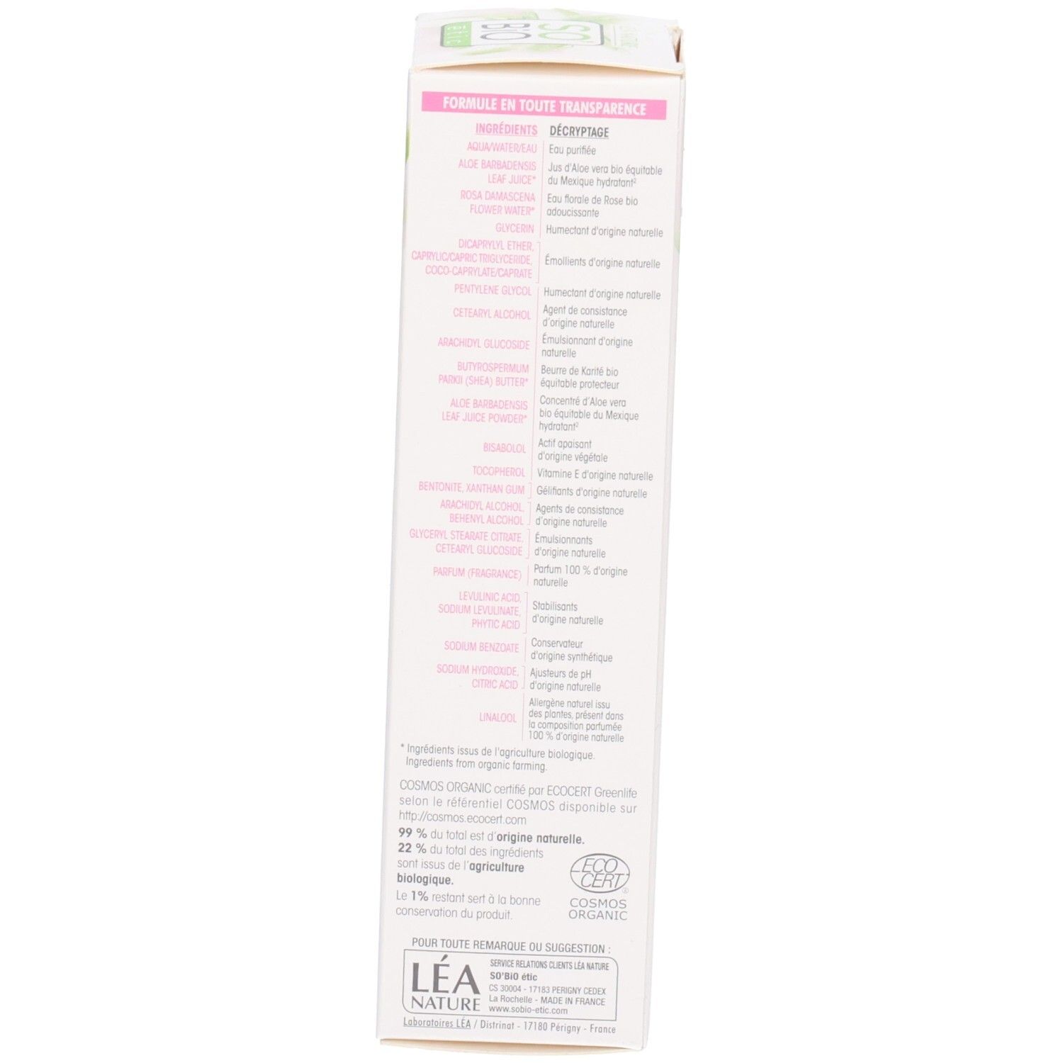 Zijkant verpakking So Bio Etic Hydra Aloe Vera. Franse tekst. Bio-certificering.