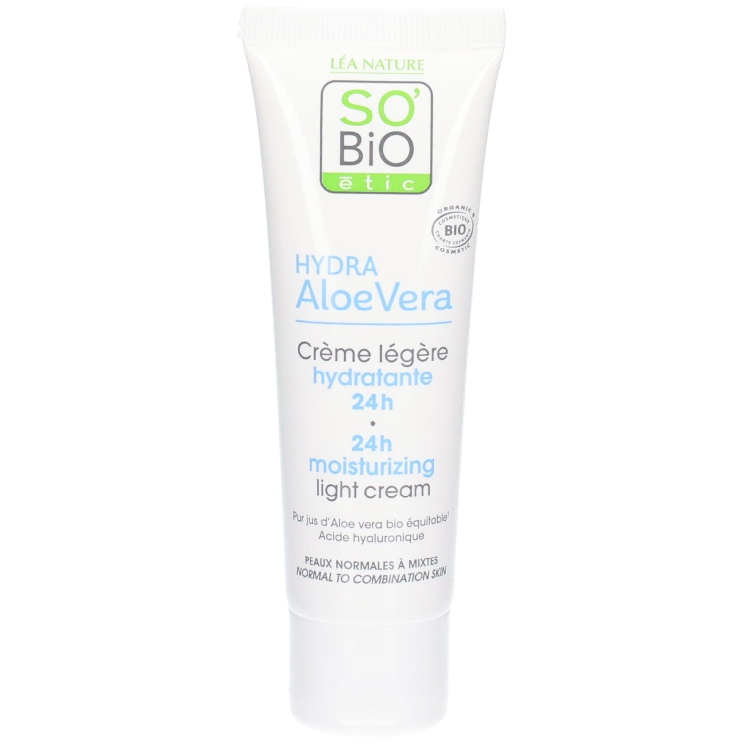 Witte tube So Bio Etic Hydra Aloe Vera Crème Légère Hydratante 24h. Bio-certificering. Franse tekst.
