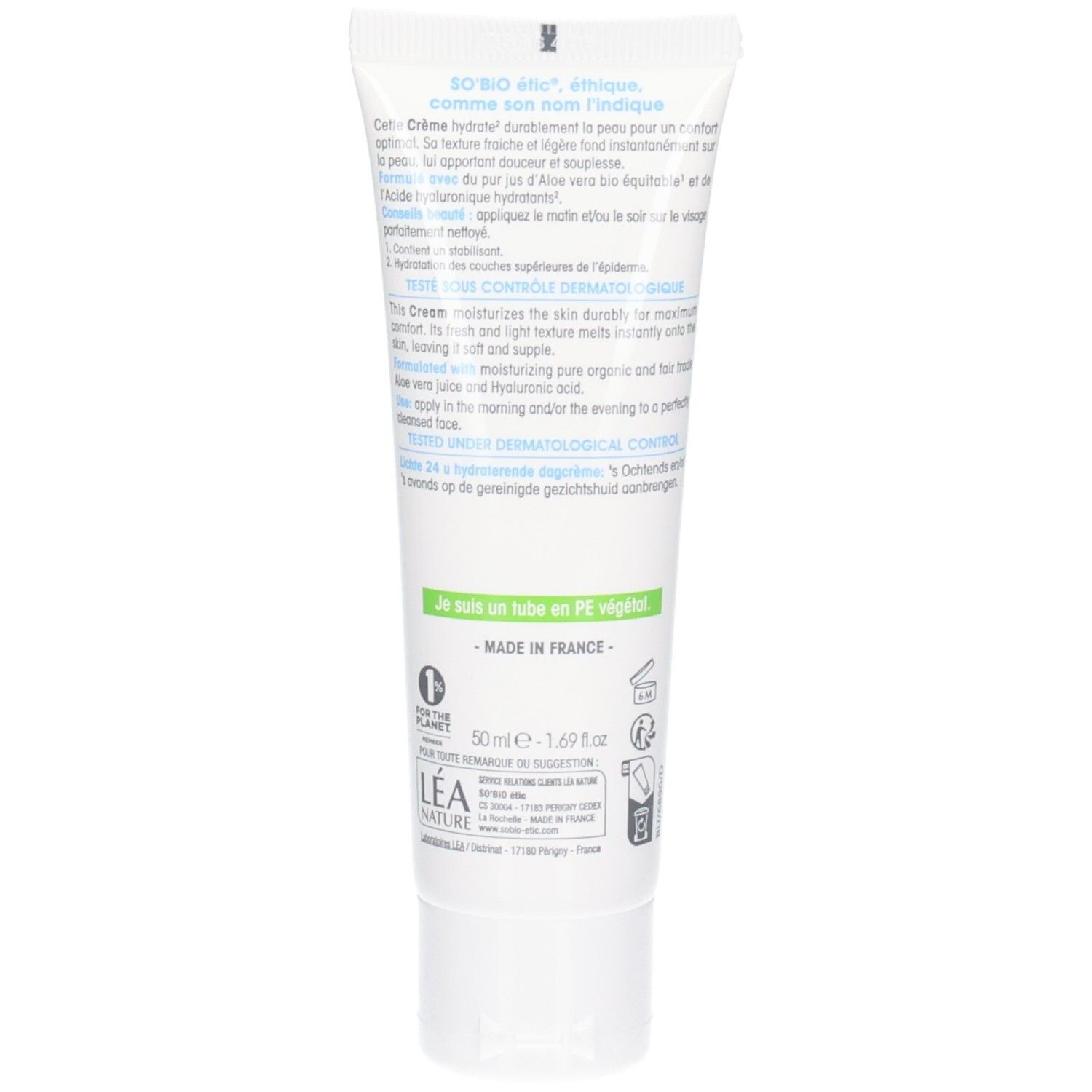 Achterkant van de witte tube. Franse tekst. Bevat informatie over ingrediënten en certificeringen.
