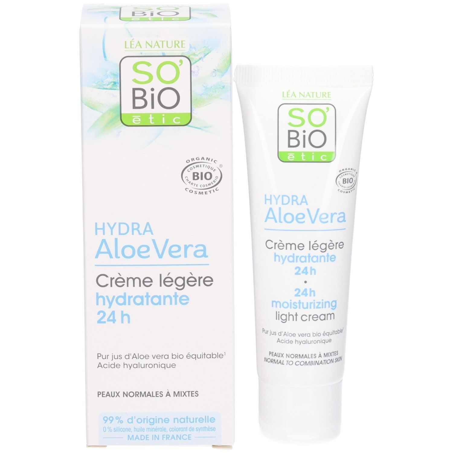 Verpakking en tube. So Bio Etic Hydra Aloe Vera Crème Légère Hydratante 24h. Bio-certificering. Franse tekst.