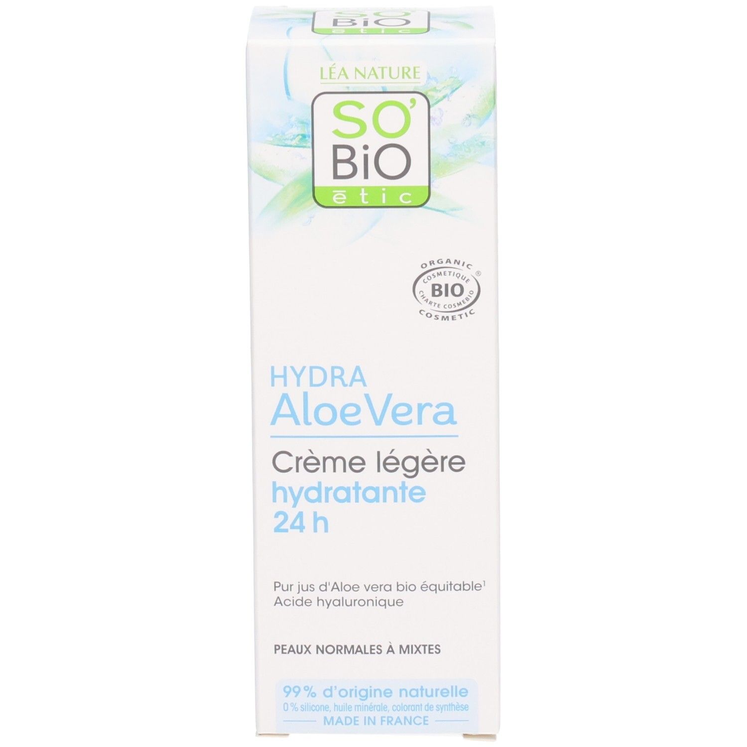 Productverpakking. So Bio Etic Hydra Aloe Vera Crème Légère Hydratante 24h. Bio-certificering. Franse tekst.