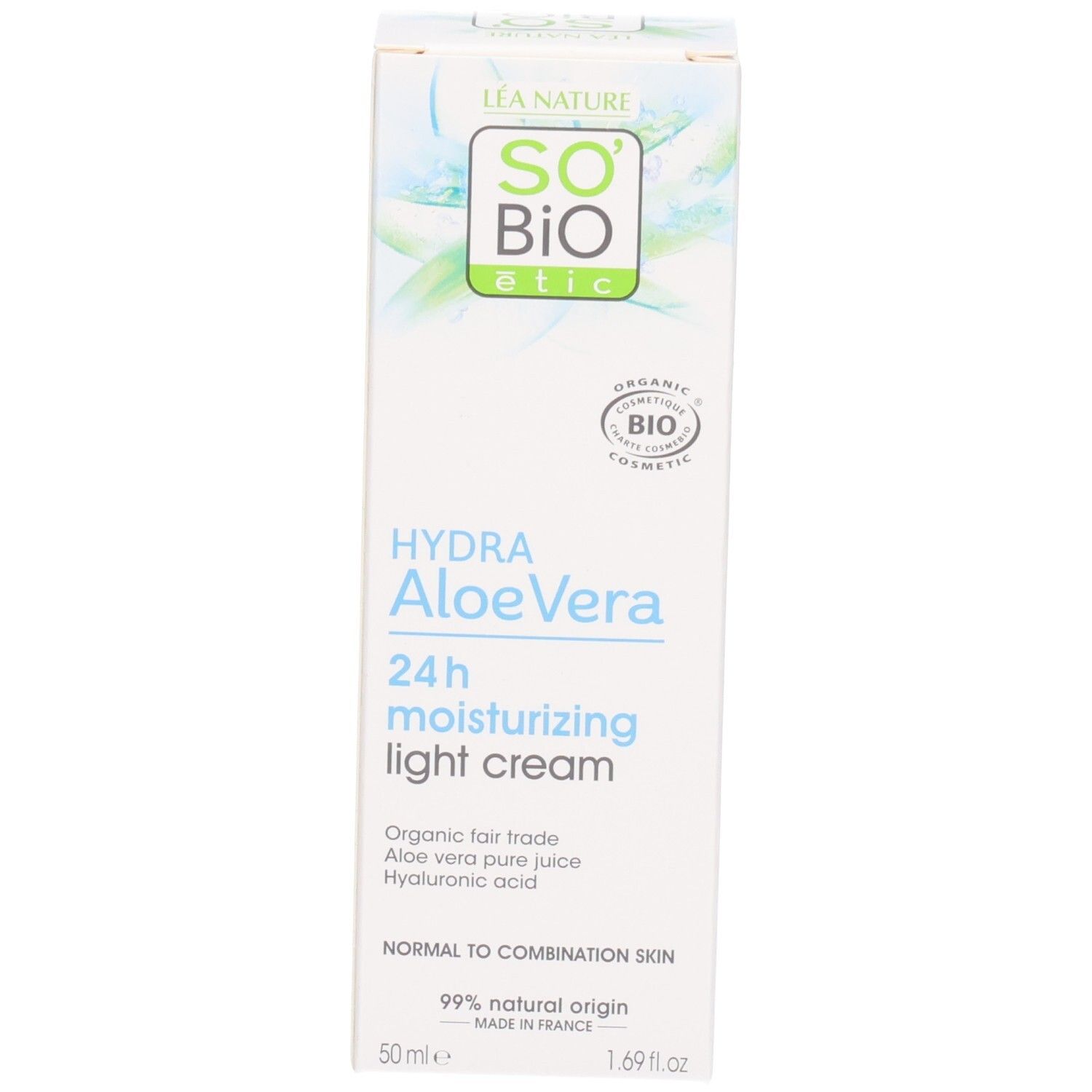 Productverpakking. So Bio Etic Hydra Aloe Vera Crème Légère Hydratante 24h. Bio-certificering. Franse tekst.