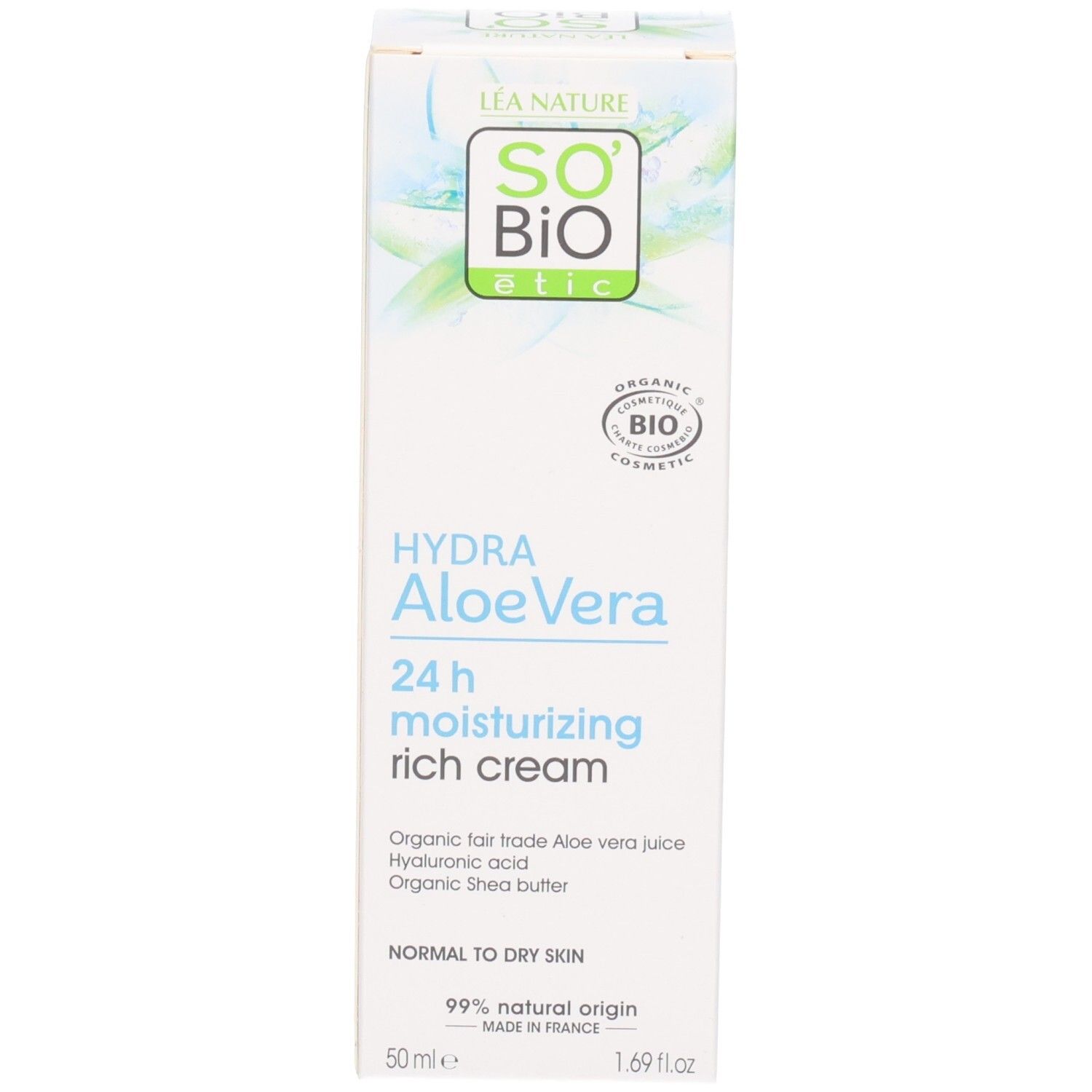 Emballage produit: boîte. So Bio Etic, Hydra Aloe Vera 24h moisturizing rich cream. Logo bio. Peaux normales à sèches.