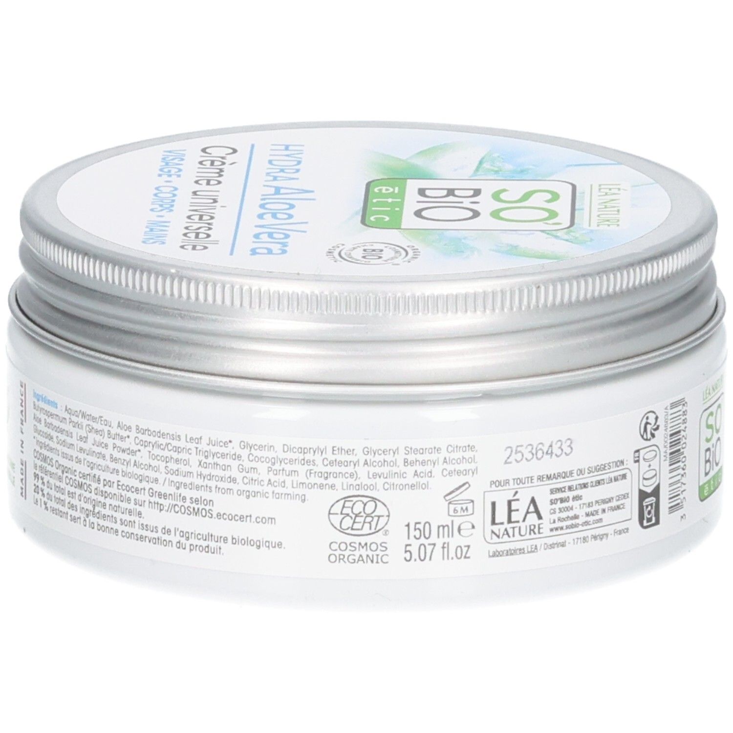 Pot de crème blanc avec couvercle argenté. Inscription: Hydra Aloe Vera, Crème universelle, Visage, Corps, Mains. 150 ml, Bio.