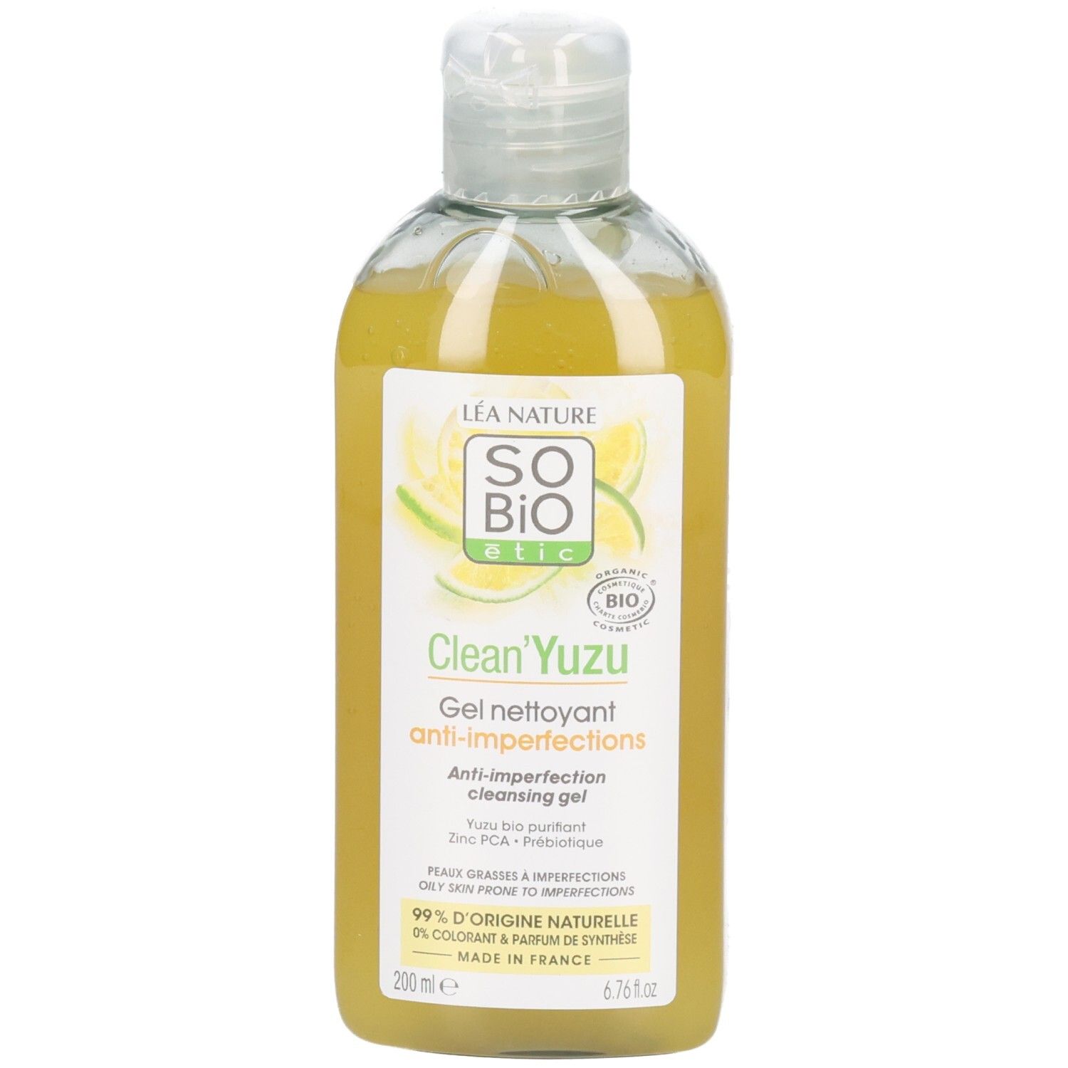 Flesje Clean'Yuzu gel. Gele vloeistof. Etiket met productinformatie en logo.