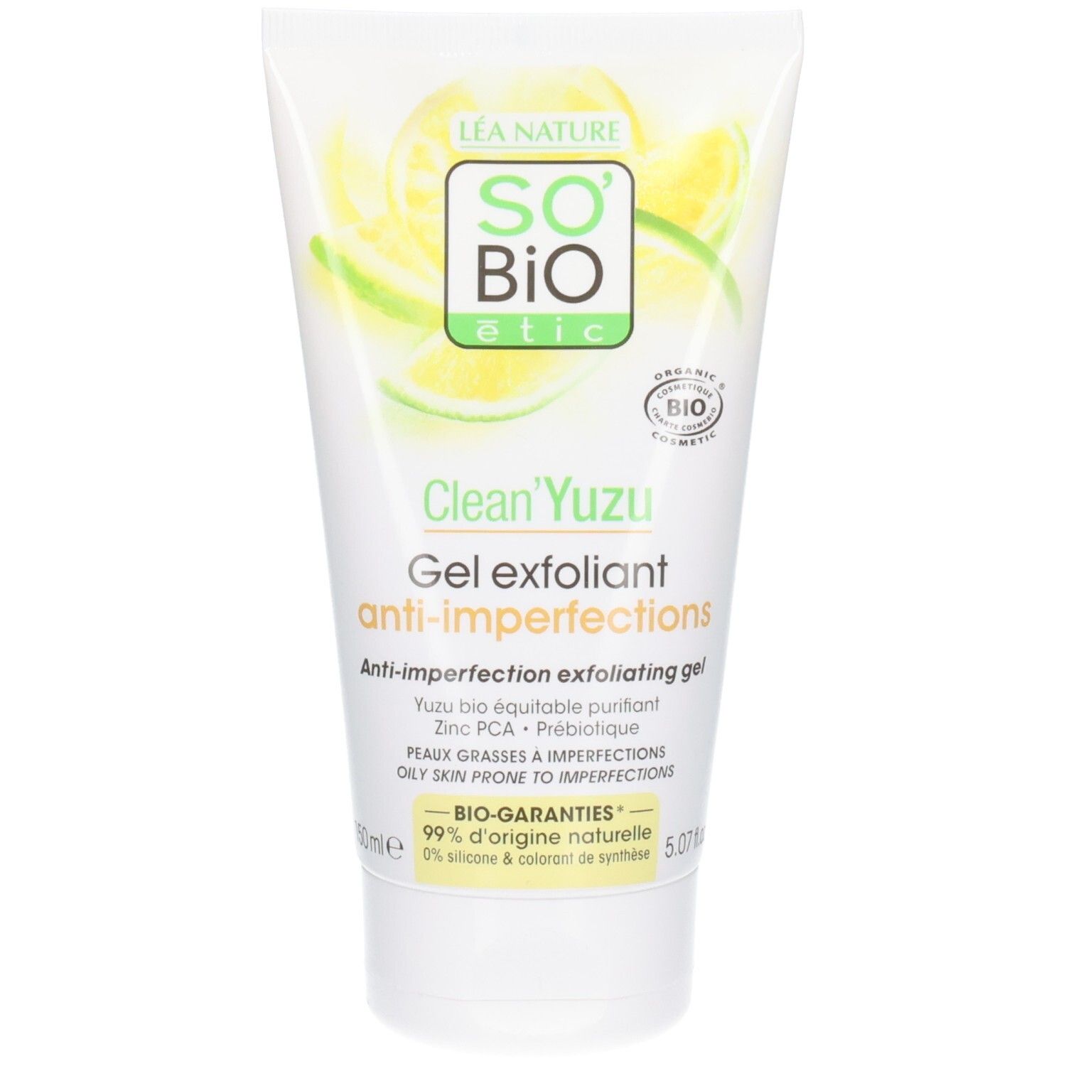 Witte tube met groene en gele tekst. Opschrift: Clean'Yuzu Gel exfoliant anti-imperfections. Bio-certificering.